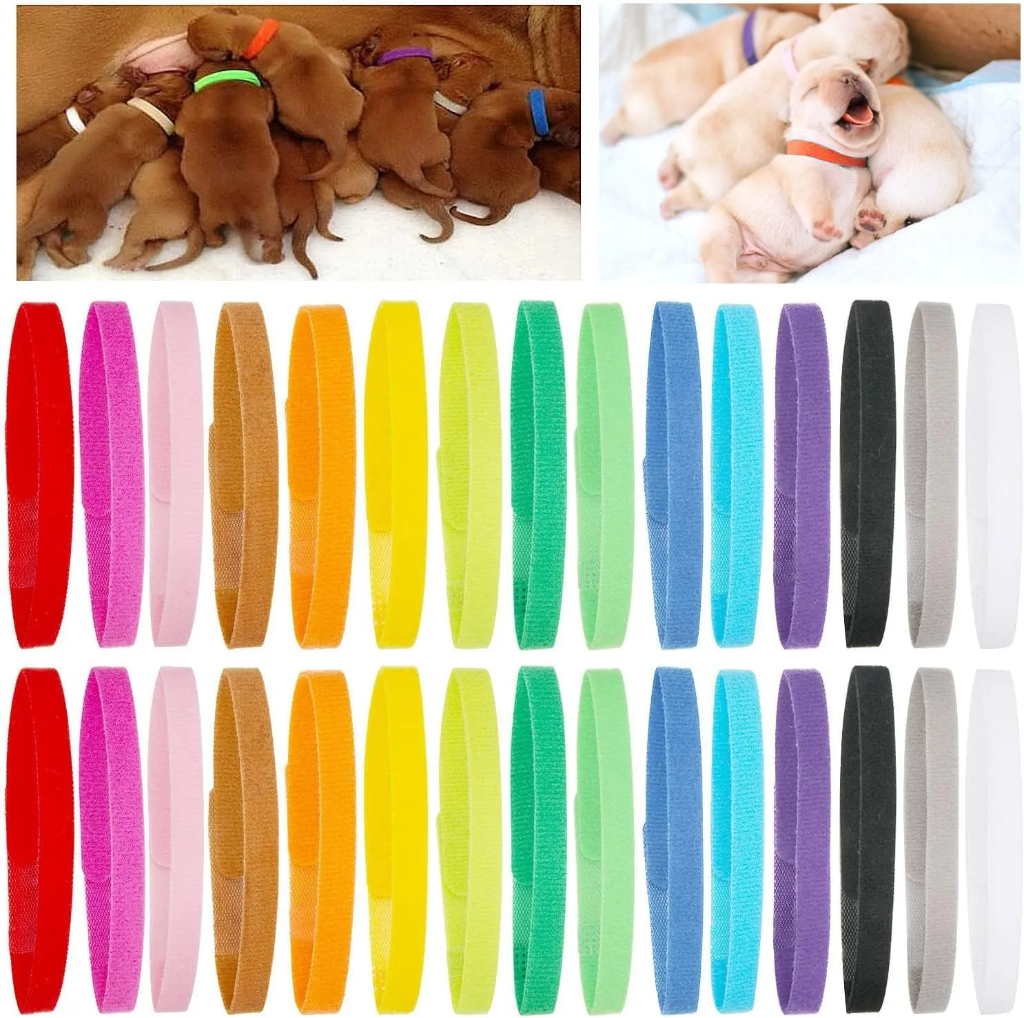 30 Pcs Puppy Whelping Collars Newborn Pet Collars Double-Sided Soft Adjustable ID Bands Puppy Collars for Litter Newborn Pet Dog Cat 15 ColorsM