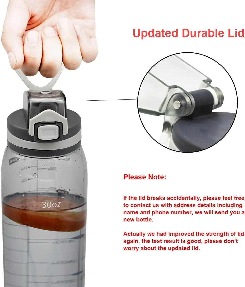 30oz Sport Water Bottle with Time Markers, Large Durable Gym Plastic Bottle Tritan BPA Free for Fitness, Outdoor Enthusiasts, Leakproof Clear Gray (Pack of 1)
