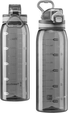 30oz Sport Water Bottle with Time Markers, Large Durable Gym Plastic Bottle Tritan BPA Free for Fitness, Outdoor Enthusiasts, Leakproof Clear Gray (Pack of 1)