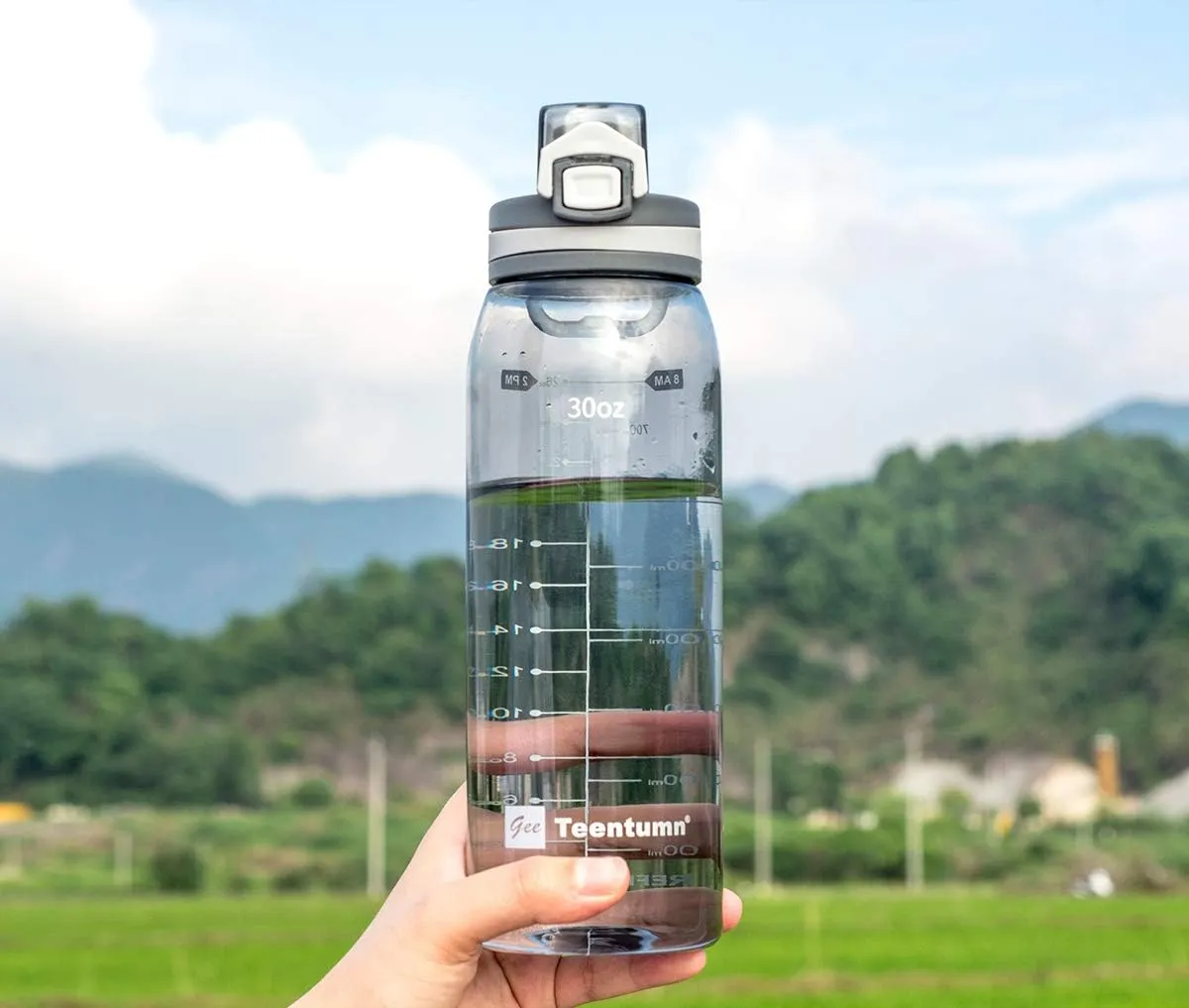 30oz Sport Water Bottle with Time Markers, Large Durable Gym Plastic Bottle Tritan BPA Free for Fitness, Outdoor Enthusiasts, Leakproof Clear Gray (Pack of 1)