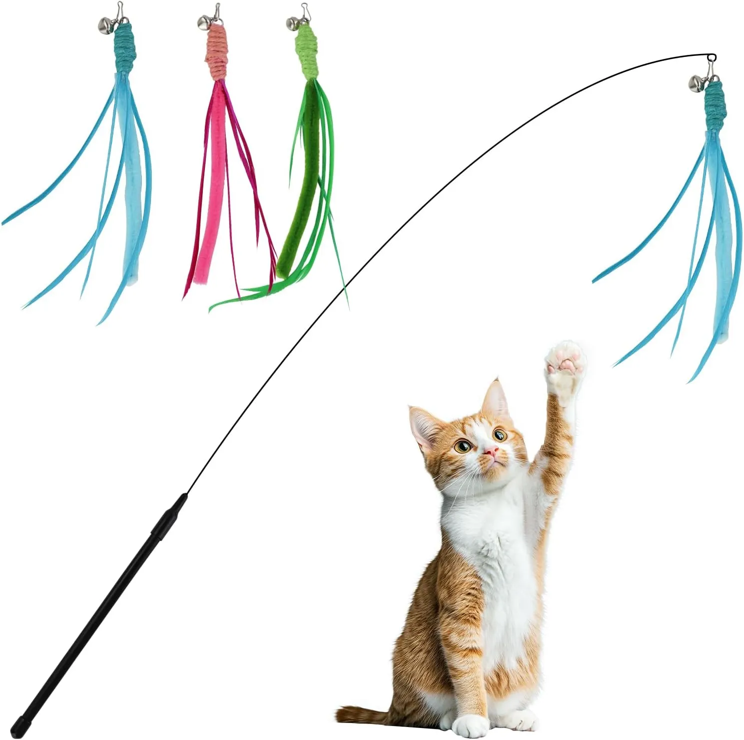 Andiker Cat Wand Toy, 3pcs Setaria Cats Feather Toy Refills with Bell and a 35.8'' Long Flexible Steel Wire Rod, Interactive Cat Toys for Indoor Cats Doing More Exercise and Enjoy Playtime