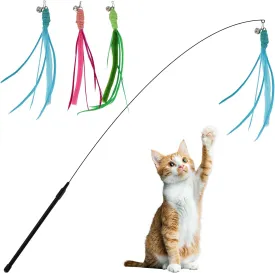 Andiker Cat Wand Toy, 3pcs Setaria Cats Feather Toy Refills with Bell and a 35.8'' Long Flexible Steel Wire Rod, Interactive Cat Toys for Indoor Cats Doing More Exercise and Enjoy Playtime