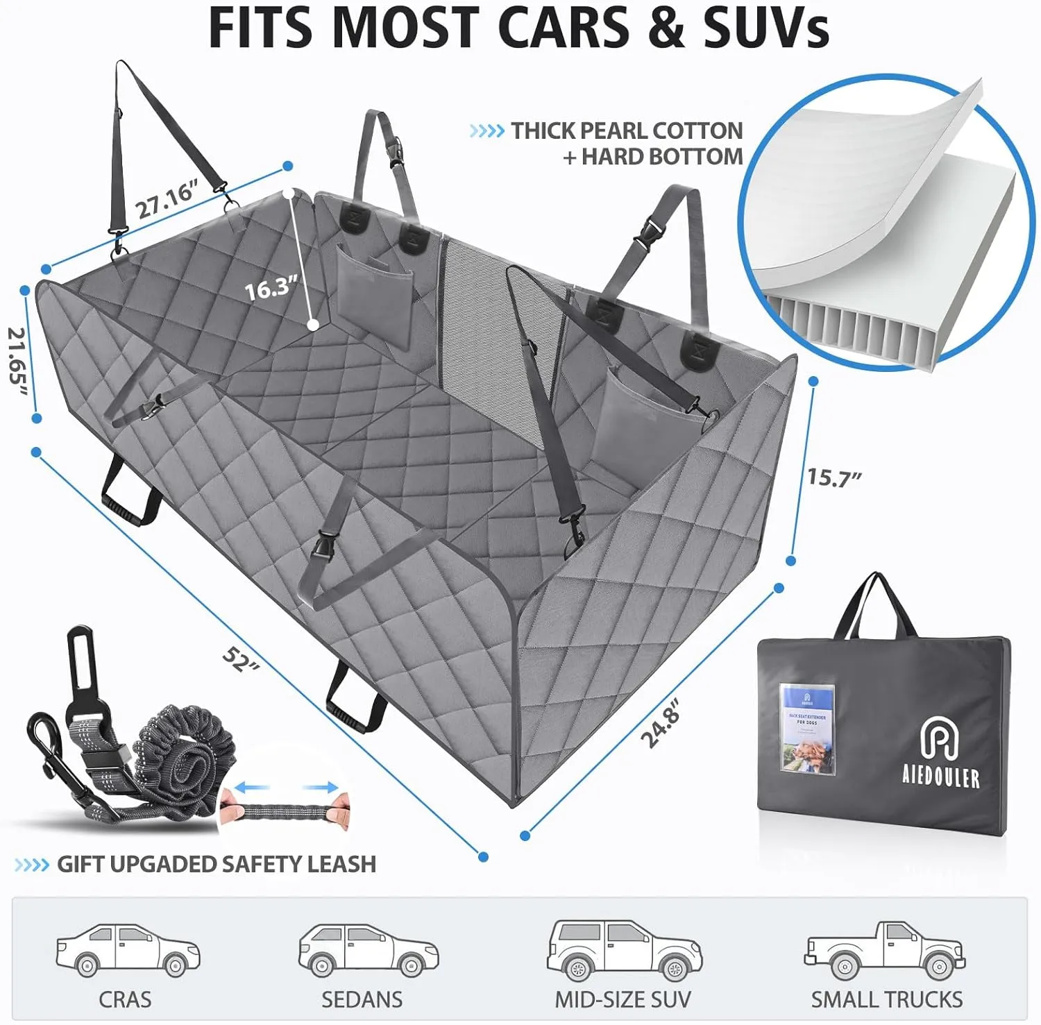 Back Seat Extender for Dogs, Dog Car Seat Cover for Back Seat, 400lbs Capacity Hard Bottom Car Seat Cover for Dogs, Waterproof Dog Hammock for Mid-Size Cars, SUVs, Trucks Grey