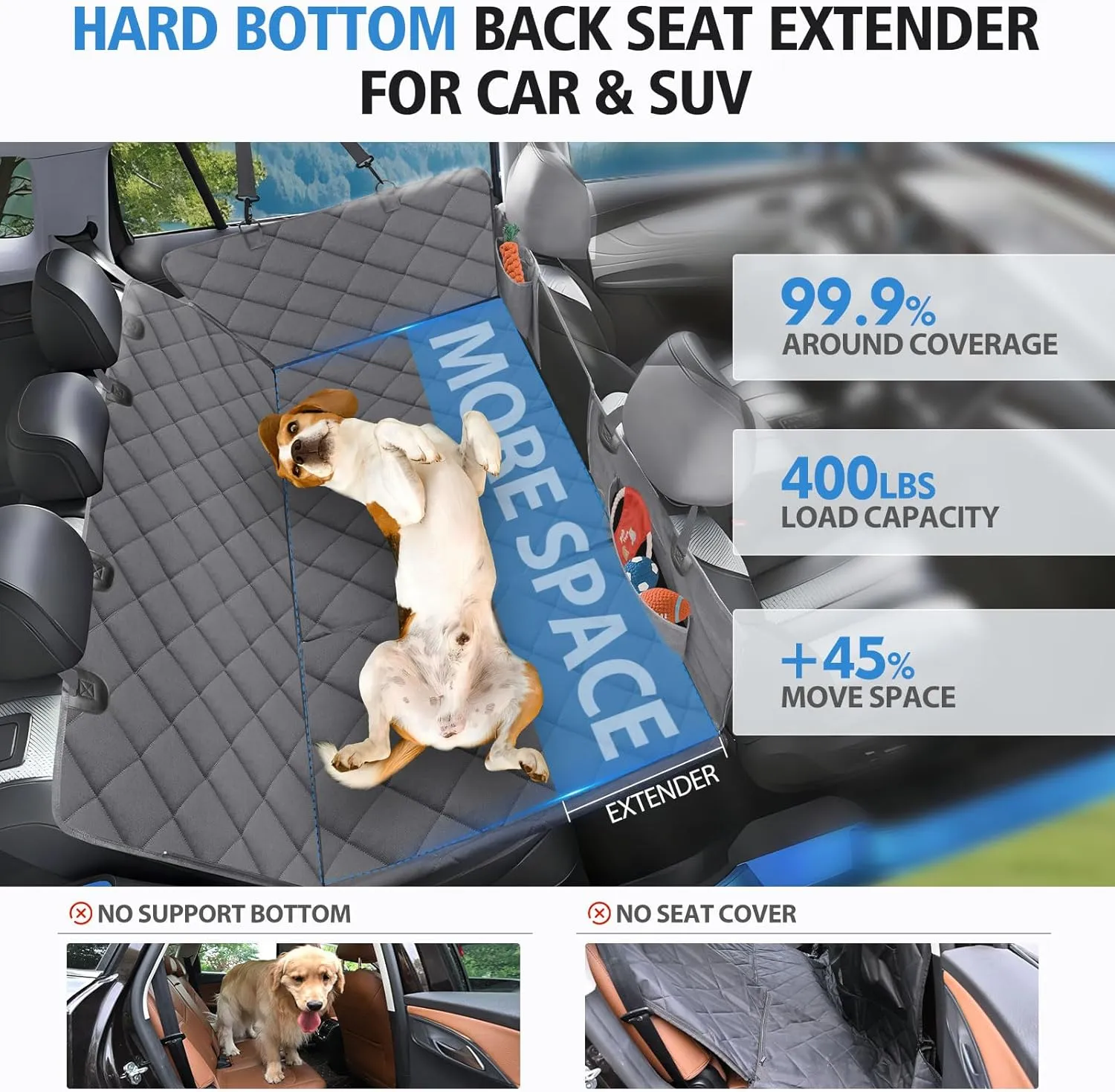 Back Seat Extender for Dogs, Dog Car Seat Cover for Back Seat, 400lbs Capacity Hard Bottom Car Seat Cover for Dogs, Waterproof Dog Hammock for Mid-Size Cars, SUVs, Trucks Grey