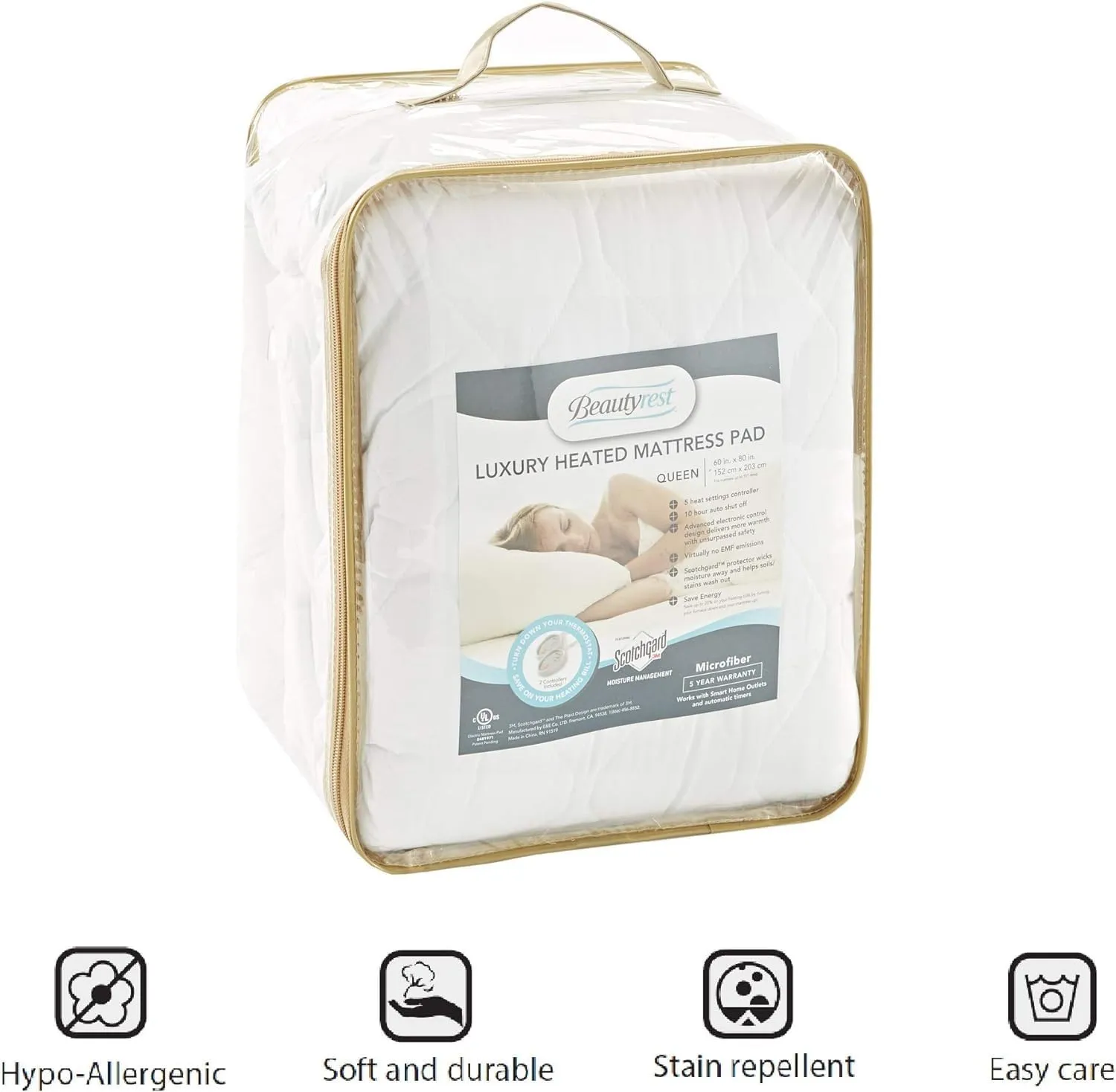 Beautyrest 3M Scotchgard Heated Mattress Pad - Electric Bed Warmer with 5 Heat Settings, 10 Hr Auto Shut Off Timer, All Around Elastic Deep Pocket, UL Certified, Machine Washable, White Full