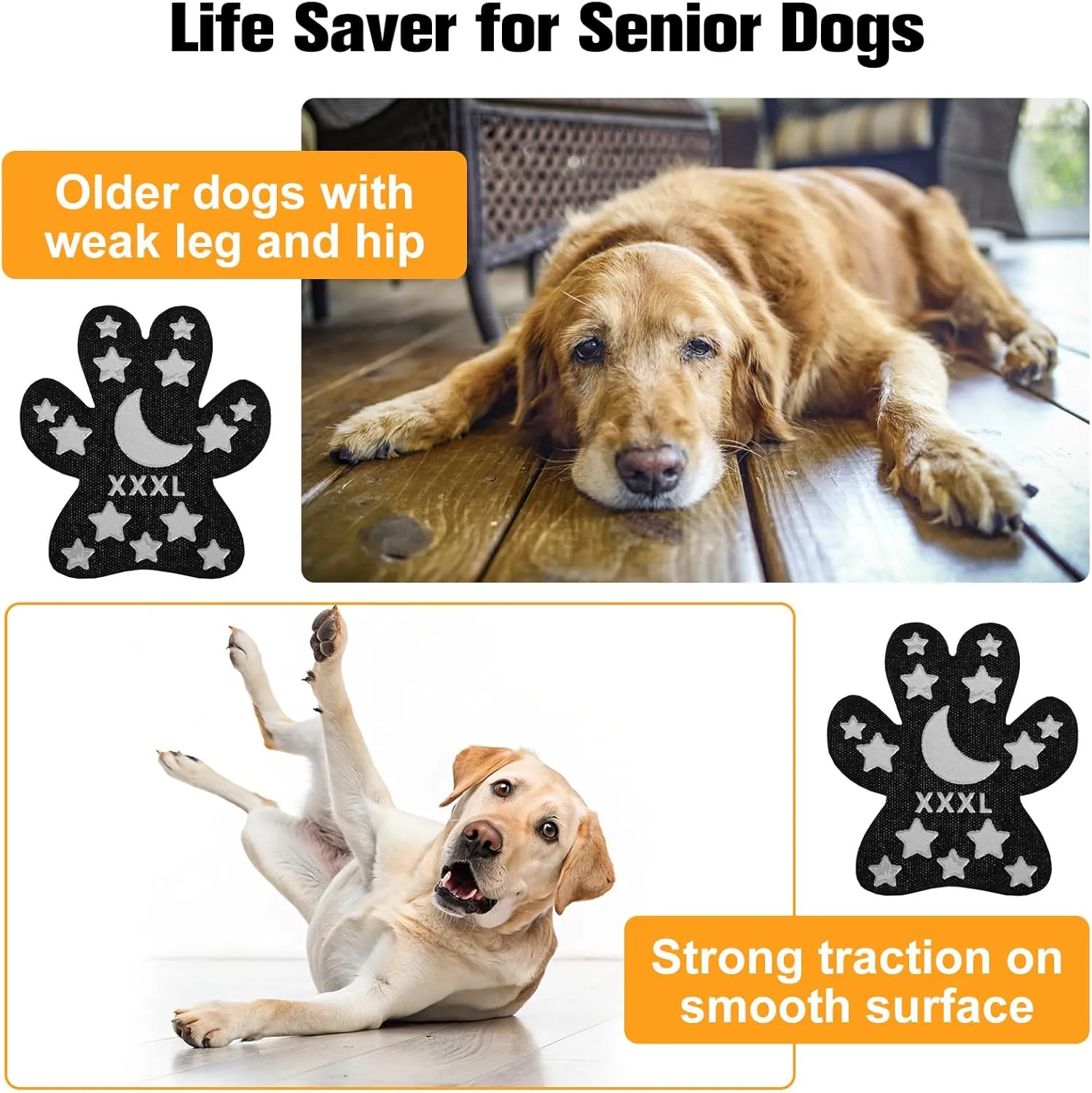 BEAUTYZOO Anti-Slip Dog Paw Pads for Senior Dogs - Traction Grips Dog Paw Stickers for Hot Pavement Hardwood Floors, Durable Pet Paw Protector Shoes Booties Socks Replacement (24pcs, Black S)
