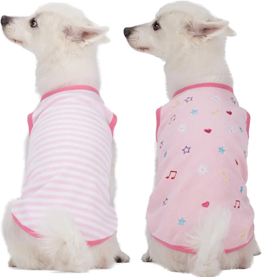 Blueberry Pet Pack of 2 Soft & Comfy Terry Cotton Pink Wonderland Sleep & Play Dog Pajamas & Tank Top T Shirt, Back Length 12", Clothes for Girl Dogs