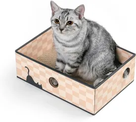 Cat Scratcher Box with Double-Sided Cardboard Scratching Board, Heavy-Duty Lounger, Interactive Hole Design Cat Bed for Indoor Cats,Kitty Toys, Checkered (Medium)