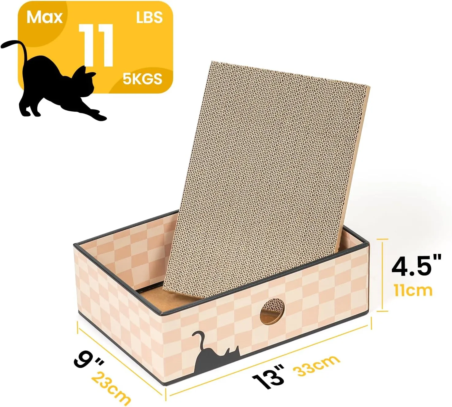 Cat Scratcher Box with Double-Sided Cardboard Scratching Board, Heavy-Duty Lounger, Interactive Hole Design Cat Bed for Indoor Cats,Kitty Toys, Checkered (Medium)