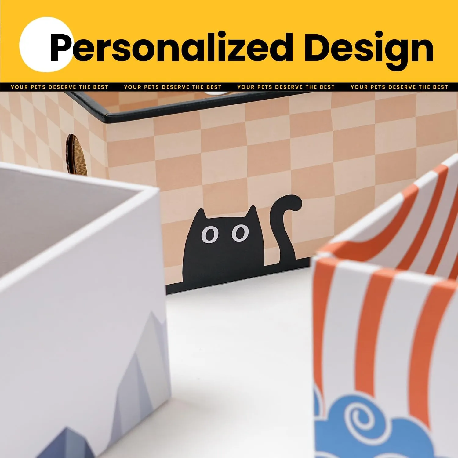 Cat Scratcher Box with Double-Sided Cardboard Scratching Board, Heavy-Duty Lounger, Interactive Hole Design Cat Bed for Indoor Cats,Kitty Toys, Checkered (Medium)