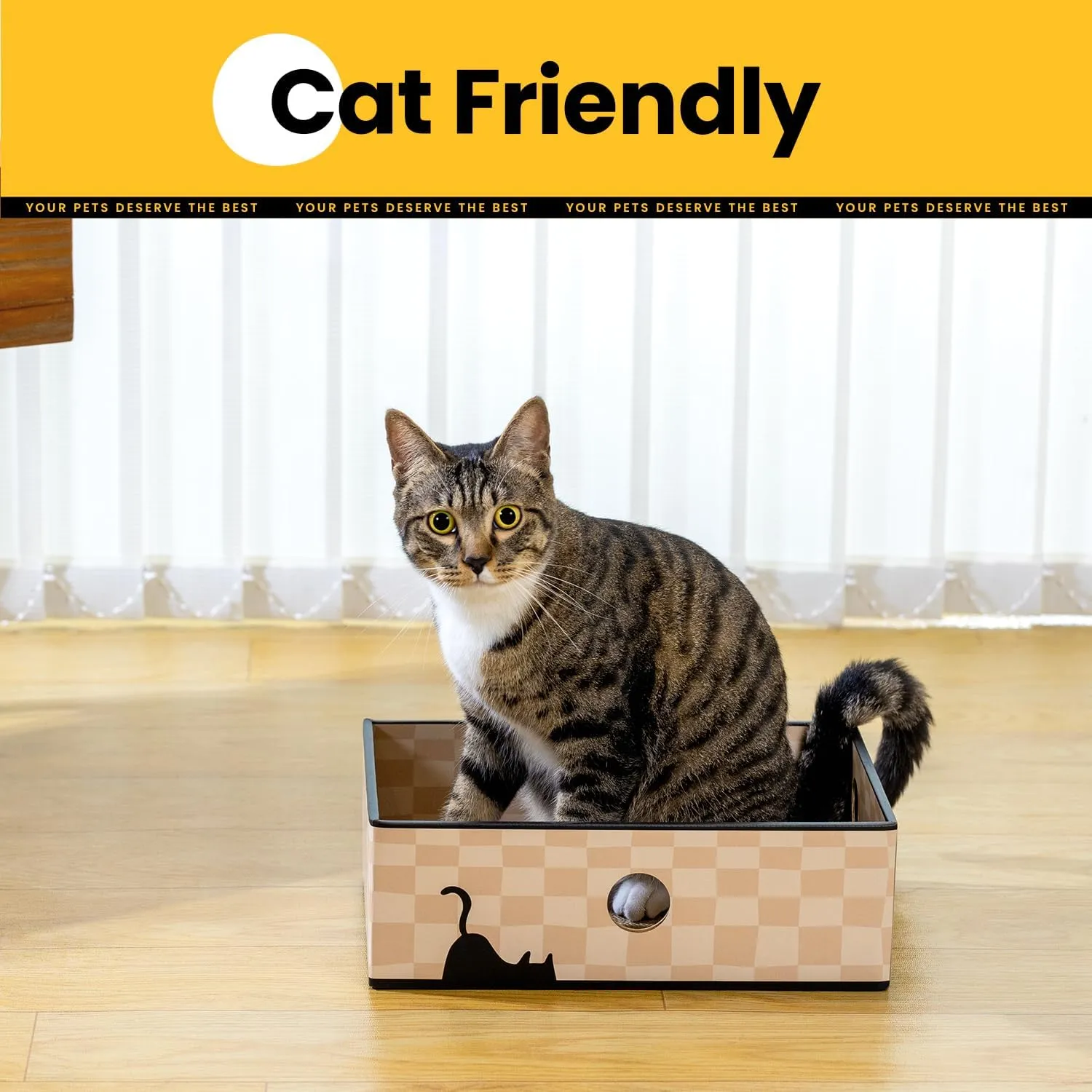 Cat Scratcher Box with Double-Sided Cardboard Scratching Board, Heavy-Duty Lounger, Interactive Hole Design Cat Bed for Indoor Cats,Kitty Toys, Checkered (Medium)