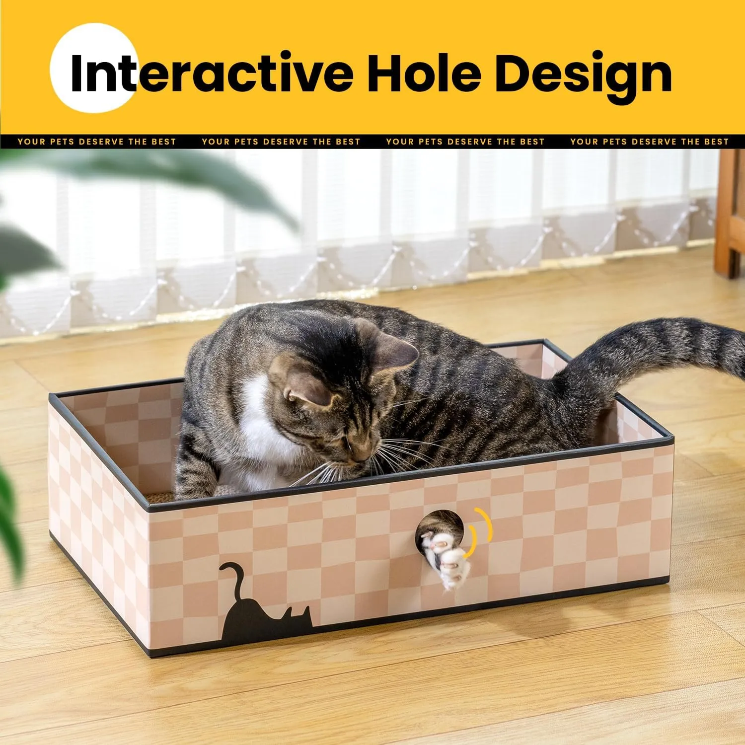 Cat Scratcher Box with Double-Sided Cardboard Scratching Board, Heavy-Duty Lounger, Interactive Hole Design Cat Bed for Indoor Cats,Kitty Toys, Checkered (Medium)