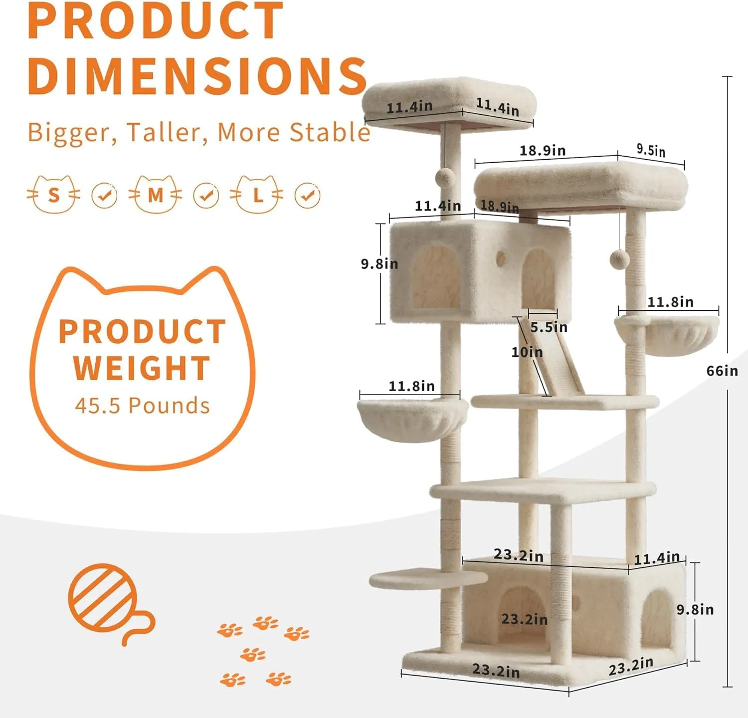 Cat Tree Tower for Large Cats 20 Lbs  Heavy Duty Tall 66 in Indoor Cat Castle with Scratching Posts,HammocksBasketPlatform for Maine Coon/Big Cats