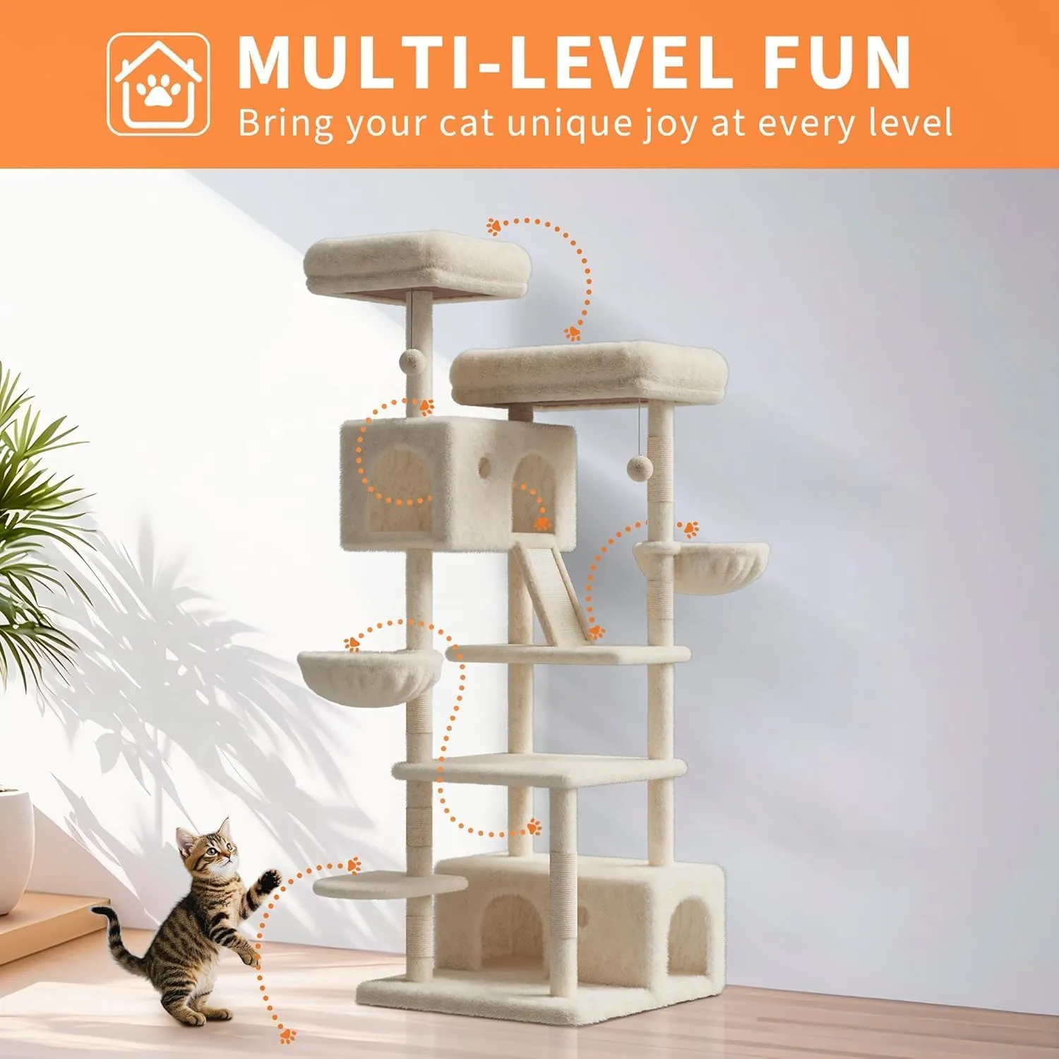 Cat Tree Tower for Large Cats 20 Lbs  Heavy Duty Tall 66 in Indoor Cat Castle with Scratching Posts,HammocksBasketPlatform for Maine Coon/Big Cats