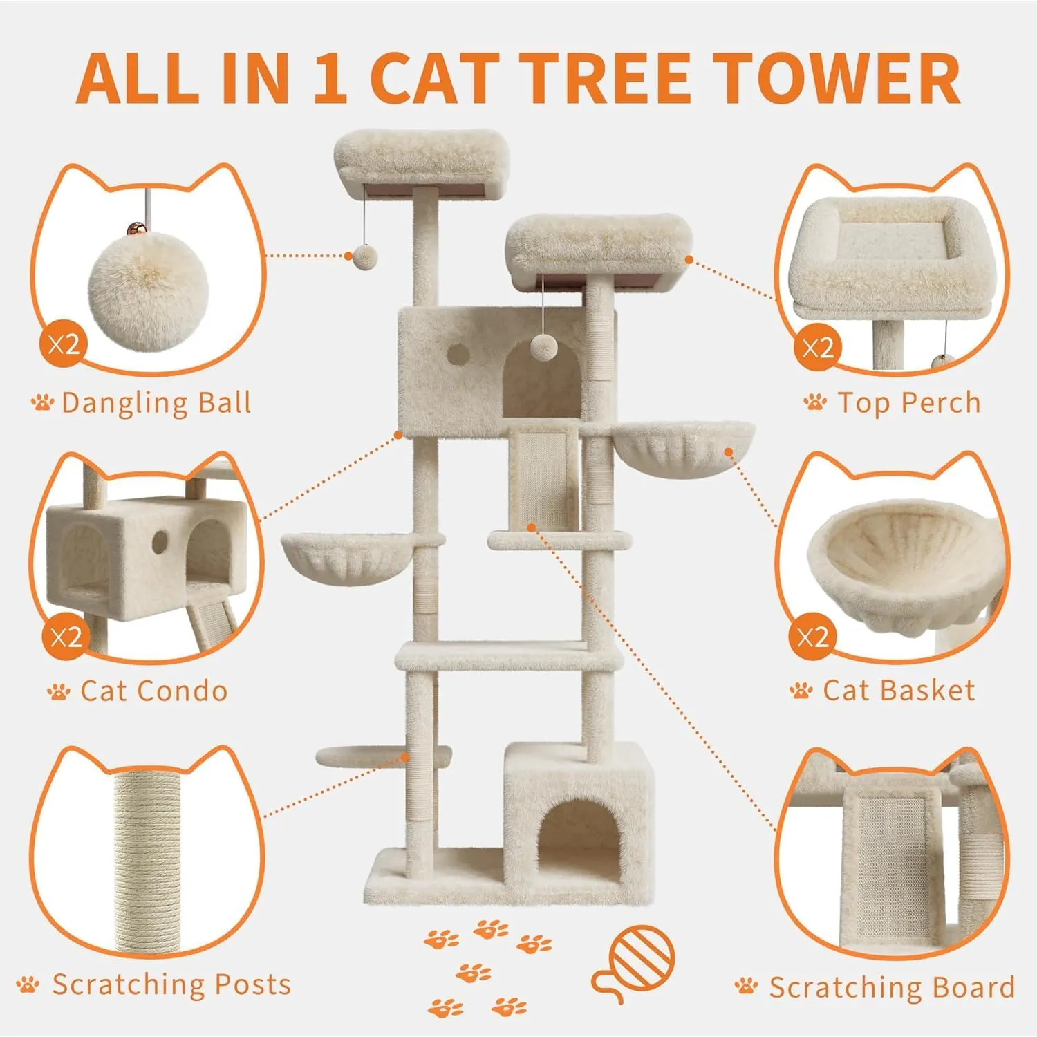 Cat Tree Tower for Large Cats 20 Lbs  Heavy Duty Tall 66 in Indoor Cat Castle with Scratching Posts,HammocksBasketPlatform for Maine Coon/Big Cats