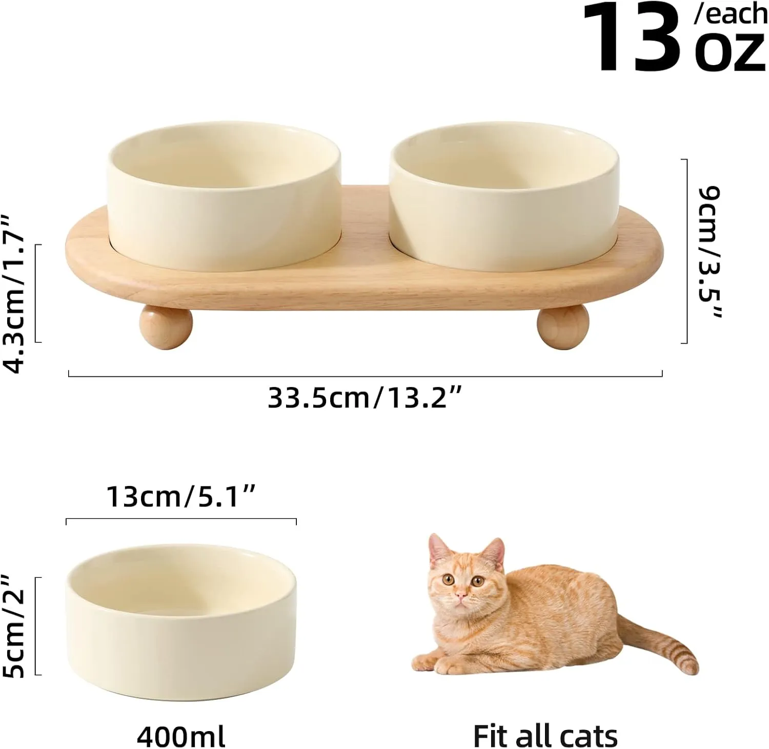 Ceramic Elevated Cat Food and Water Bowl, Kitty Bowl, Raised Cat Feeder with Stand (5.1 in, 2 x Beige)