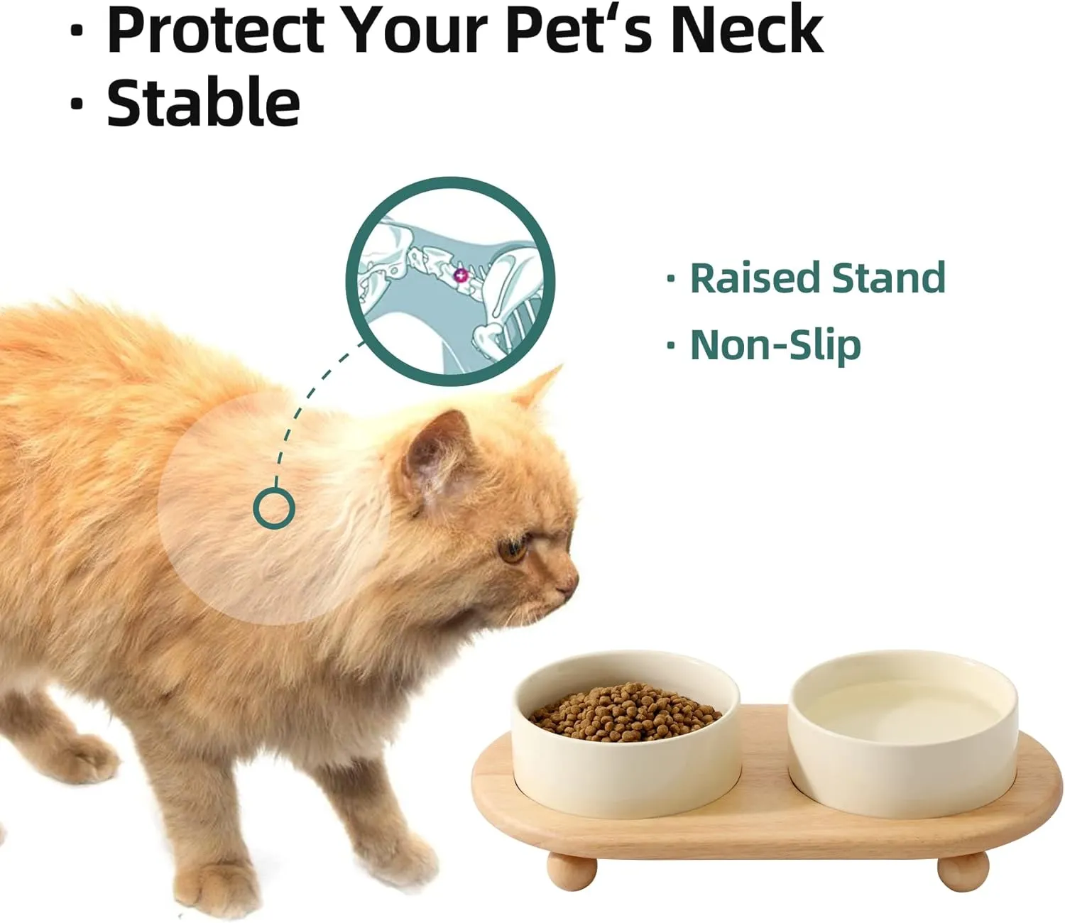 Ceramic Elevated Cat Food and Water Bowl, Kitty Bowl, Raised Cat Feeder with Stand (5.1 in, 2 x Beige)
