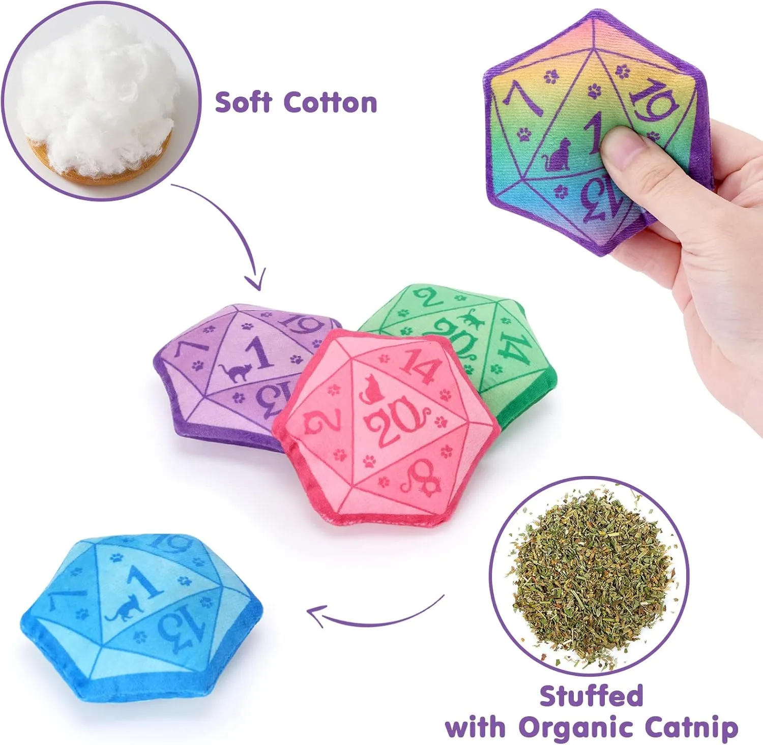CiyvoLyeen D20 Dice Catnip Toy, DND Interactive Cat Toy Gifts for Role Playing Tabletop Game Soft Plush Funny Cute Kitten Teething Chew Pet Supplies Cat Lover Witchy Gift Idea Dnd Accessories Set of 5