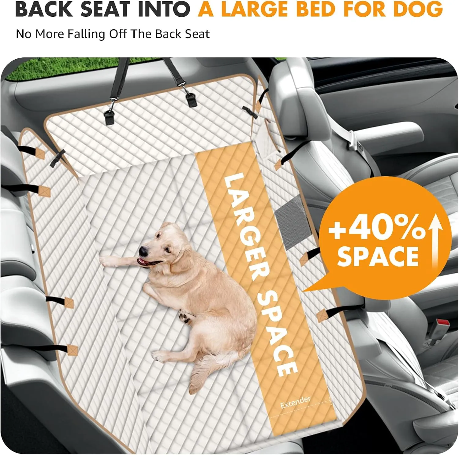 Dog Car Seat Cover for Back Seat, Larger Dog Car Bed Cover with Strong Bottom, Car Back Seat Extender Hammock for Car SUV Truck- Beige Color