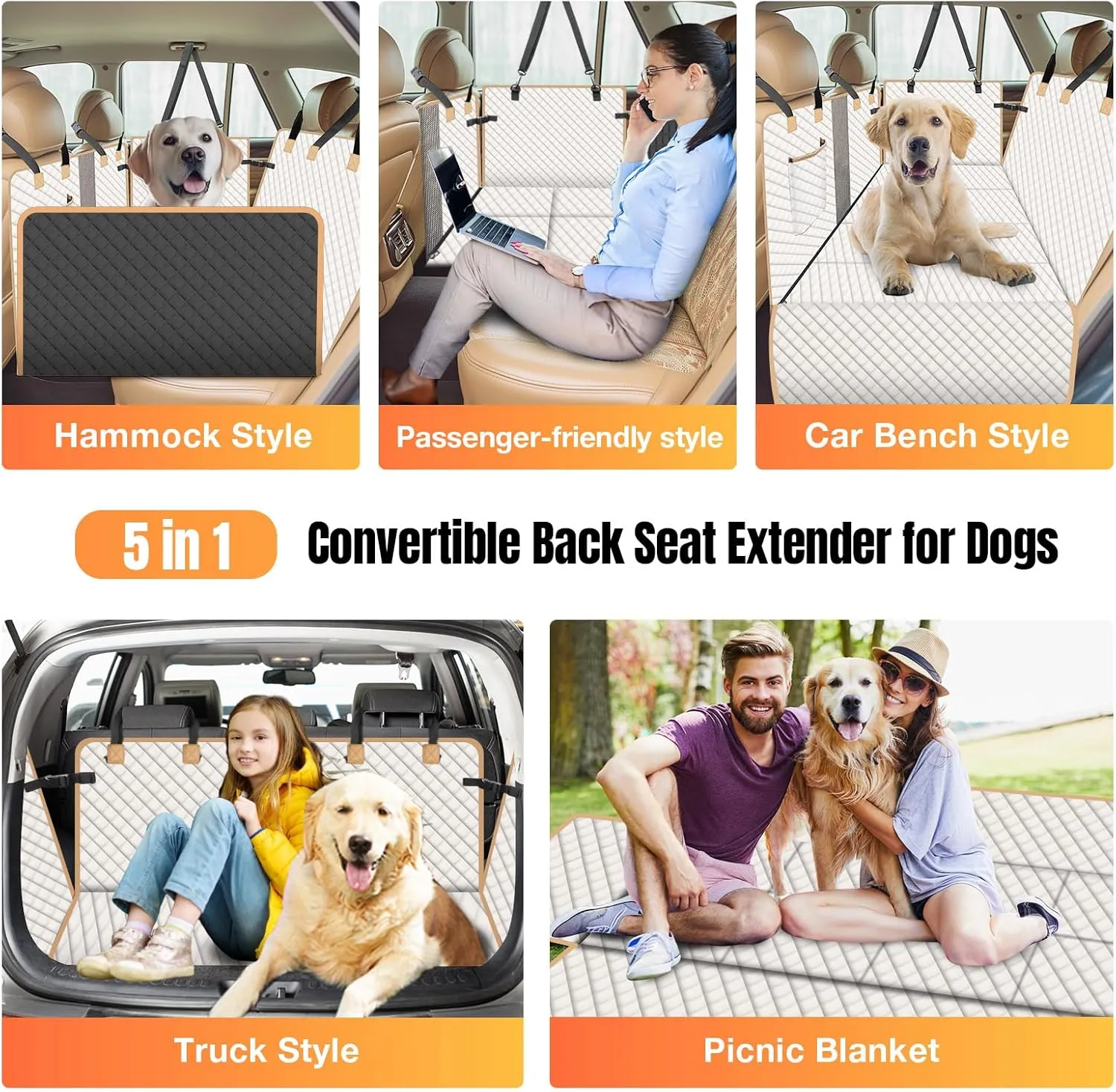 Dog Car Seat Cover for Back Seat, Larger Dog Car Bed Cover with Strong Bottom, Car Back Seat Extender Hammock for Car SUV Truck- Beige Color