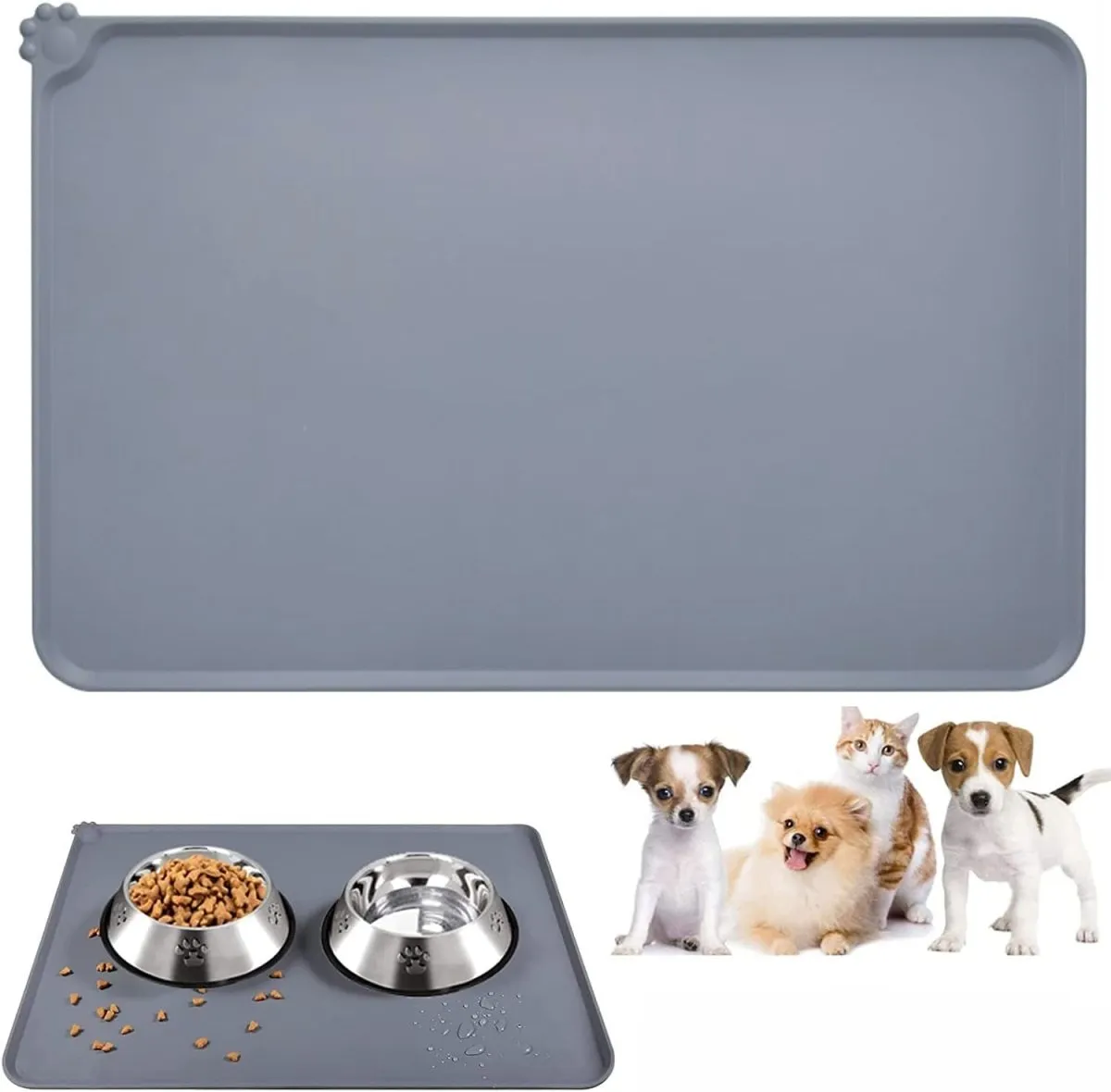 Dog Food Mat, Silicone Dog Bowl Mat, Non-Slip Cat and Dog Feeding Mat, Waterproof Dog Placemat L (47 * 30)