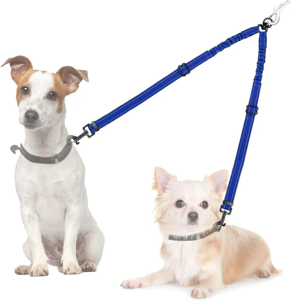 Double Dog Leash, No Tangle 360Swivel Rotation Reflective Lead Attachment Adjustable Length Dual Two Dogs Lead Splitter, Comfortable Shock Absorbing Walking Training for 2 Dogs