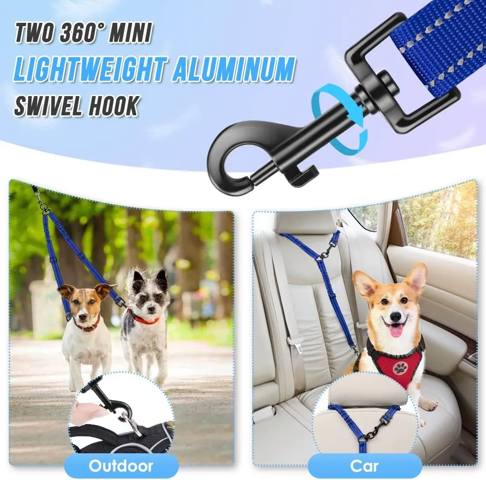 Double Dog Leash, No Tangle 360Swivel Rotation Reflective Lead Attachment Adjustable Length Dual Two Dogs Lead Splitter, Comfortable Shock Absorbing Walking Training for 2 Dogs