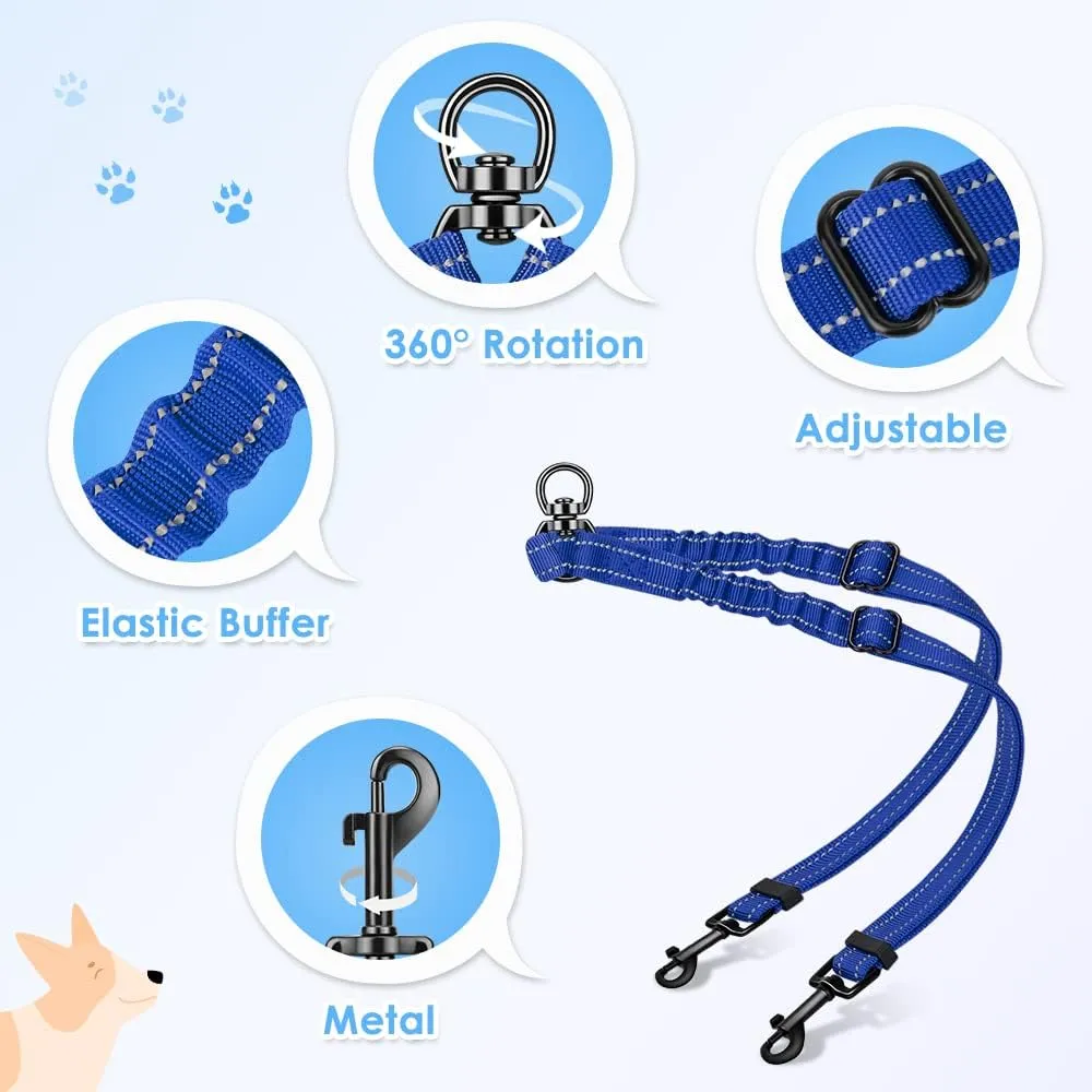 Double Dog Leash, No Tangle 360Swivel Rotation Reflective Lead Attachment Adjustable Length Dual Two Dogs Lead Splitter, Comfortable Shock Absorbing Walking Training for 2 Dogs