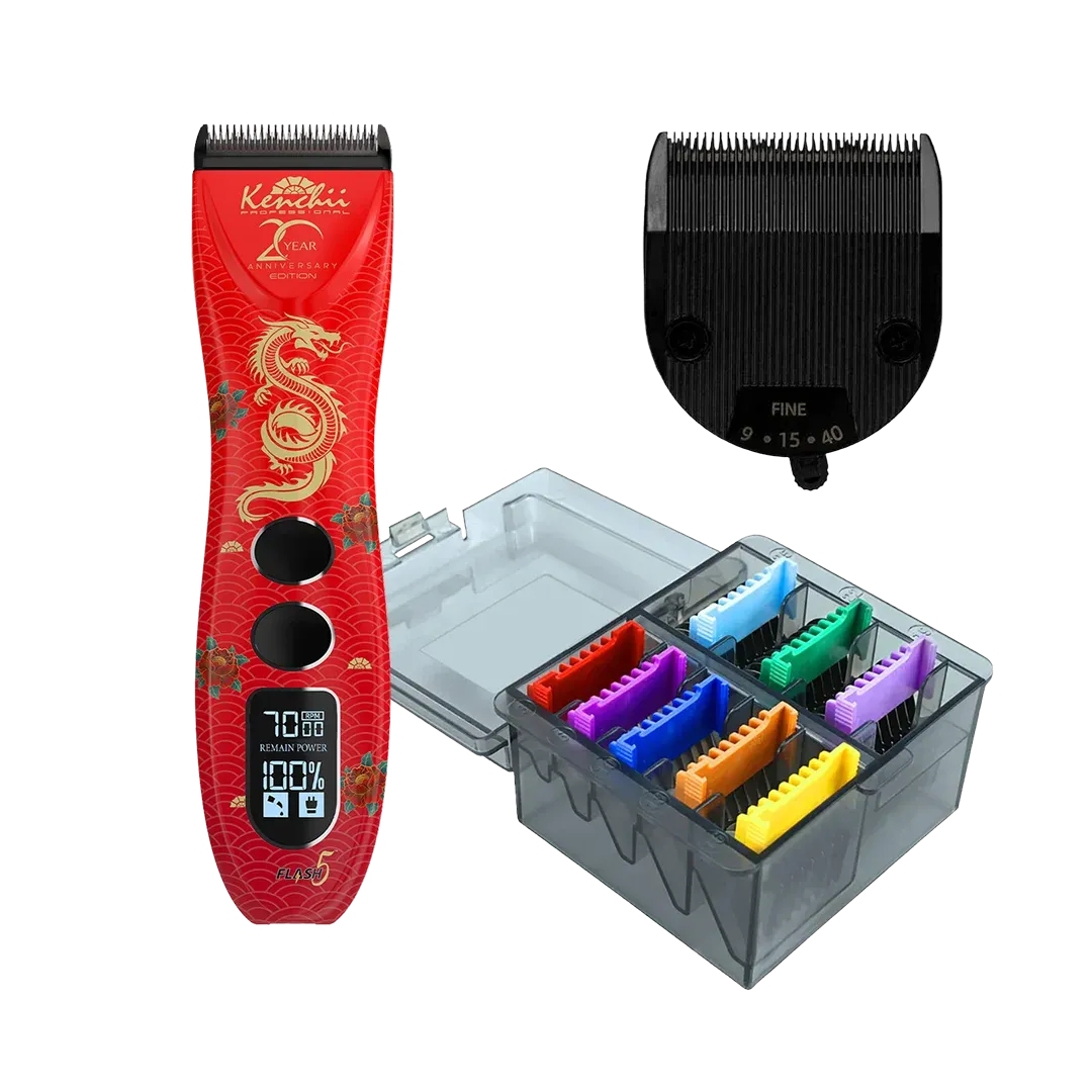 Flash5 5-in-1 Digital Cordless Clipper Red with Comb Set and Detailer Blade by Kenchii