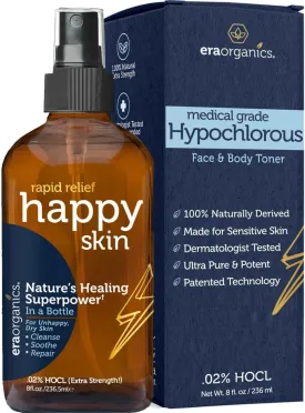 Happy Skin .02% Hypochlorous Acid Spray Toner Extra Strength, Extra Gentle 100% Natural Toner & Skin Cleanser for Face & Body Soothe, Hydrate & Repair Dry, Sensitive Skin pH Balanced, Non-Toxic 8oz