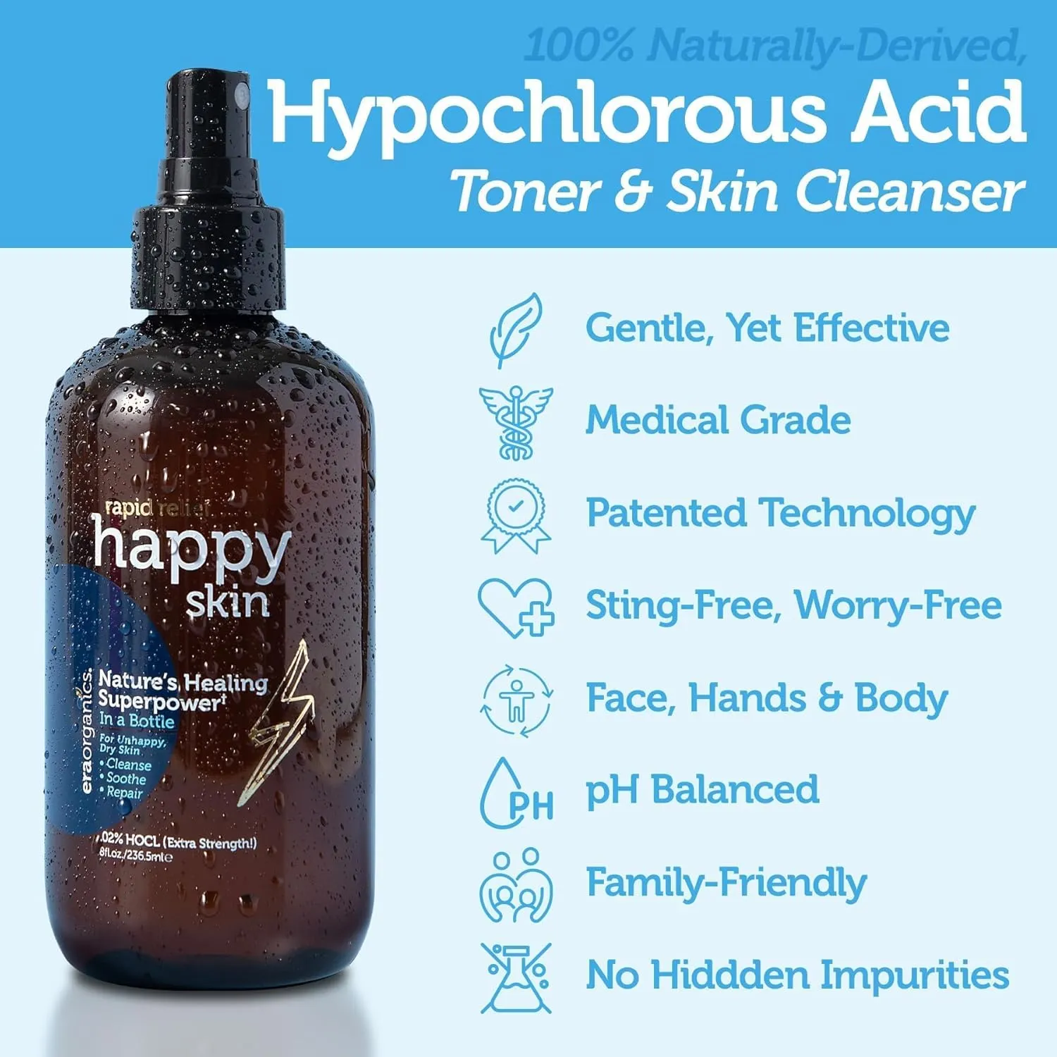 Happy Skin .02% Hypochlorous Acid Spray Toner Extra Strength, Extra Gentle 100% Natural Toner & Skin Cleanser for Face & Body Soothe, Hydrate & Repair Dry, Sensitive Skin pH Balanced, Non-Toxic 8oz