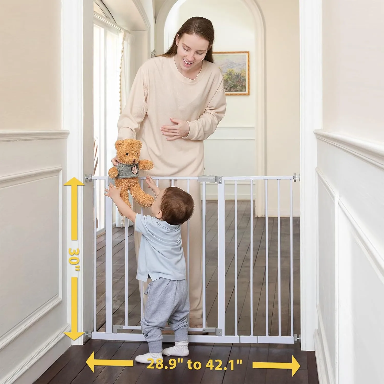InnoTruth Baby Gate for Stairs 28.9-42.1" Wide, 30" Tall Easy Step Walk Through Expandable Dual Lock Dog Gates for The House, Metal Pressure Mounted Easy Install Pet Gate for Dogs, White