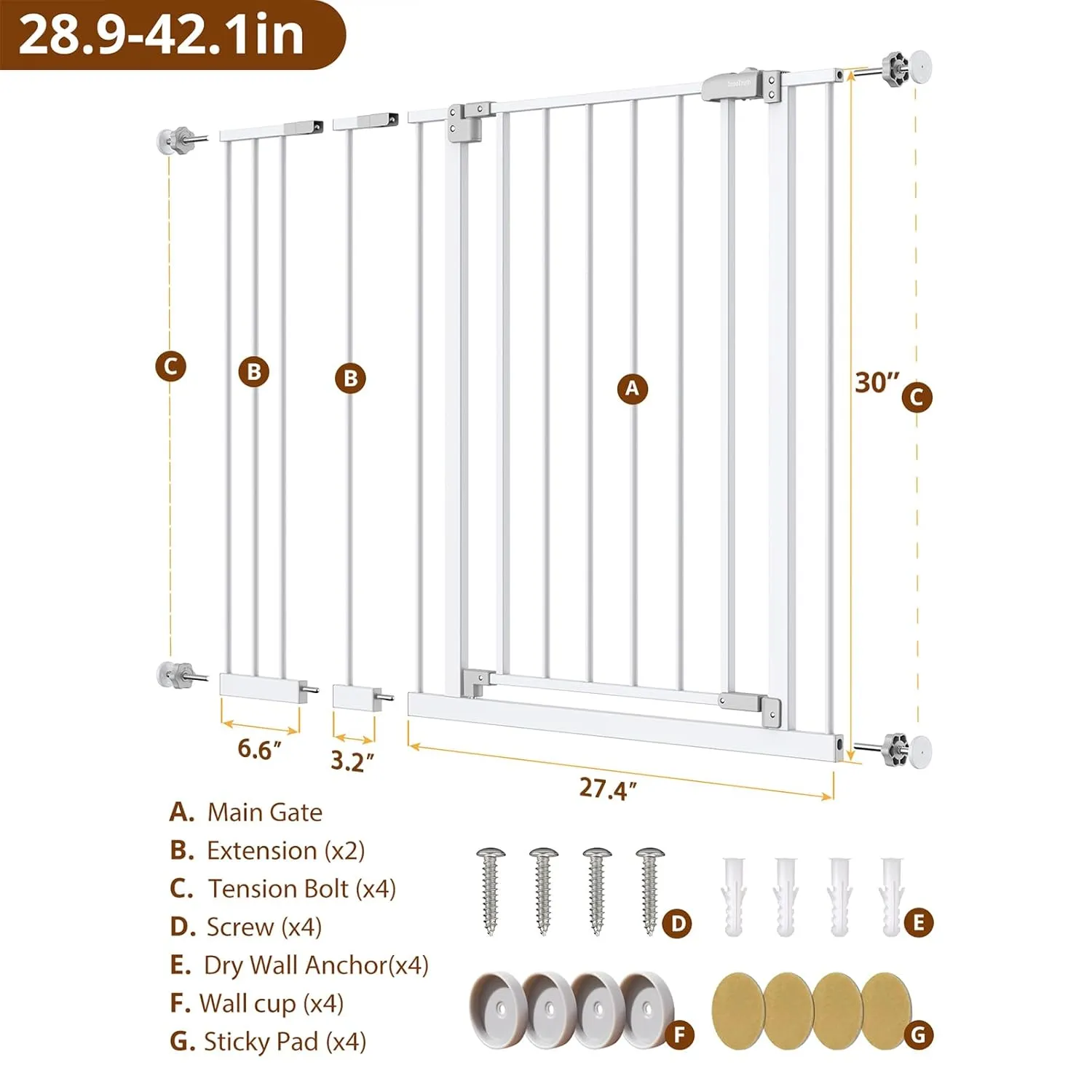 InnoTruth Baby Gate for Stairs 28.9-42.1" Wide, 30" Tall Easy Step Walk Through Expandable Dual Lock Dog Gates for The House, Metal Pressure Mounted Easy Install Pet Gate for Dogs, White