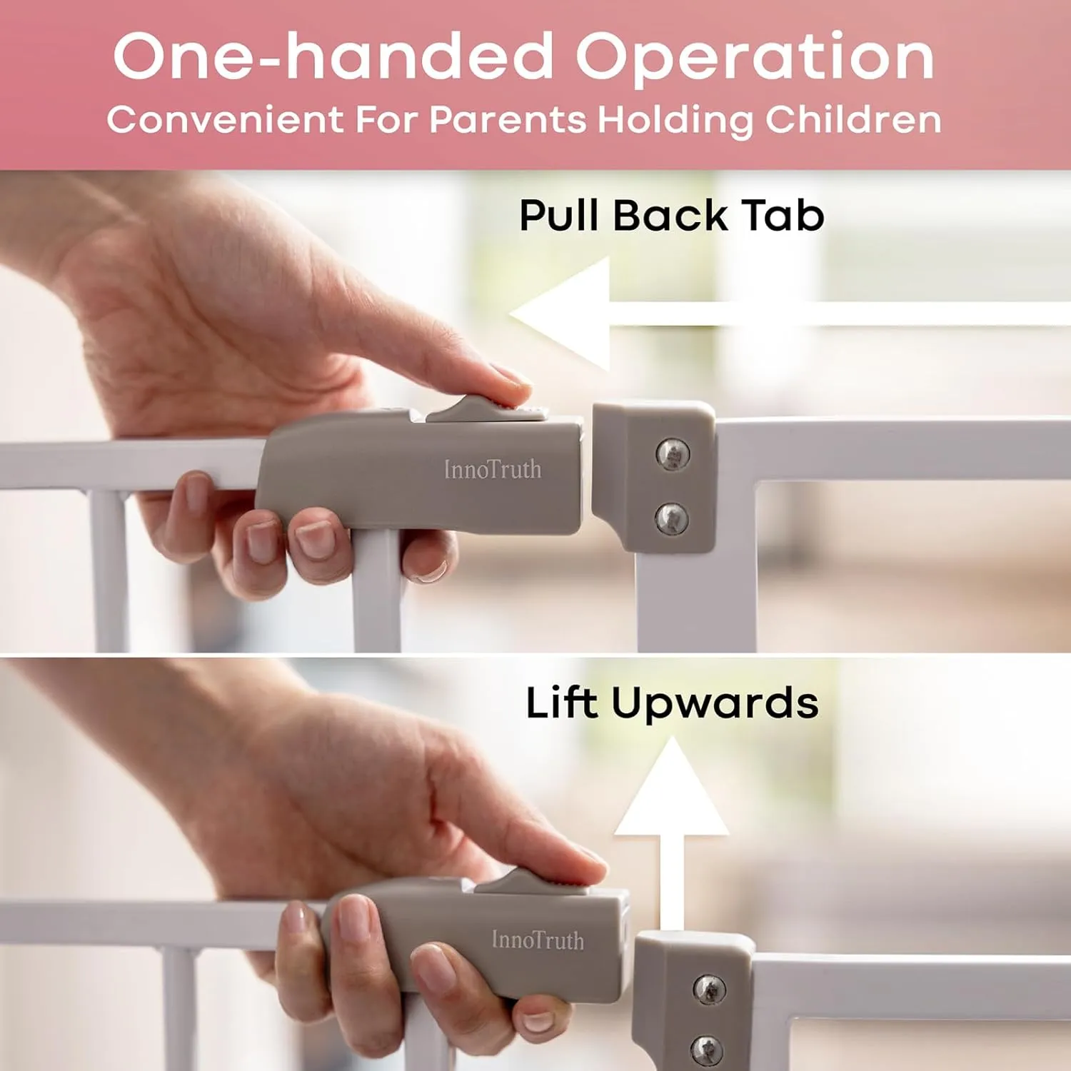 InnoTruth Baby Gate for Stairs 28.9-42.1" Wide, 30" Tall Easy Step Walk Through Expandable Dual Lock Dog Gates for The House, Metal Pressure Mounted Easy Install Pet Gate for Dogs, White