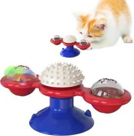 Interactive Windmill Cat Toy with Suction Cup, Rotating Catnip & Light-Up Ball for Indoor Cats, Promotes Dental Health, Mental Stimulation, and Kitten Enrichment (Red & Blue)