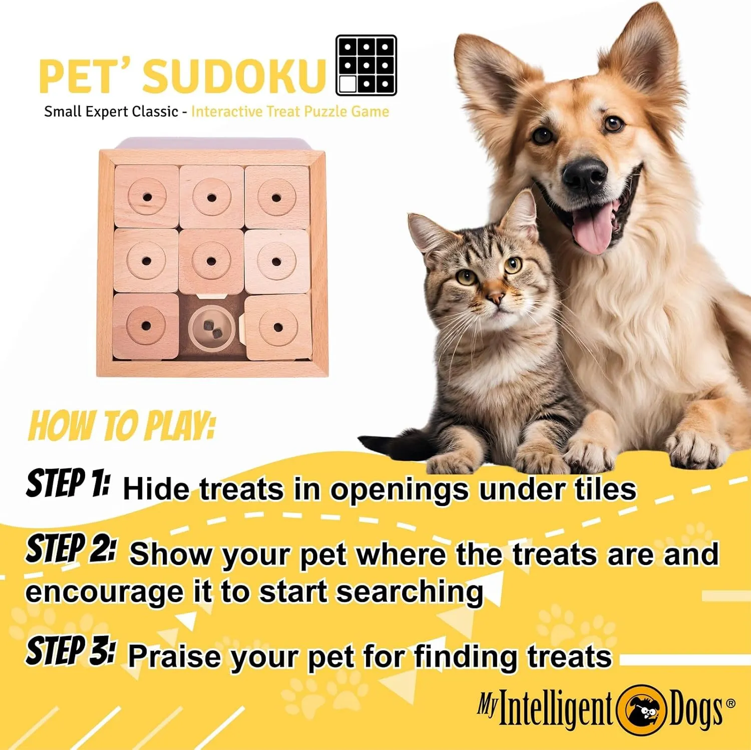Interactive Wooden Sudoku Puzzle for Cats and Small Dogs - Expert Brain Pet Toy - 9 Treat-Hiding Holes, Small All-Wood Design