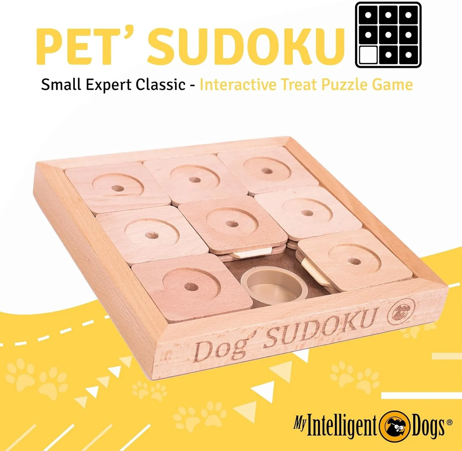 Interactive Wooden Sudoku Puzzle for Cats and Small Dogs - Expert Brain Pet Toy - 9 Treat-Hiding Holes, Small All-Wood Design