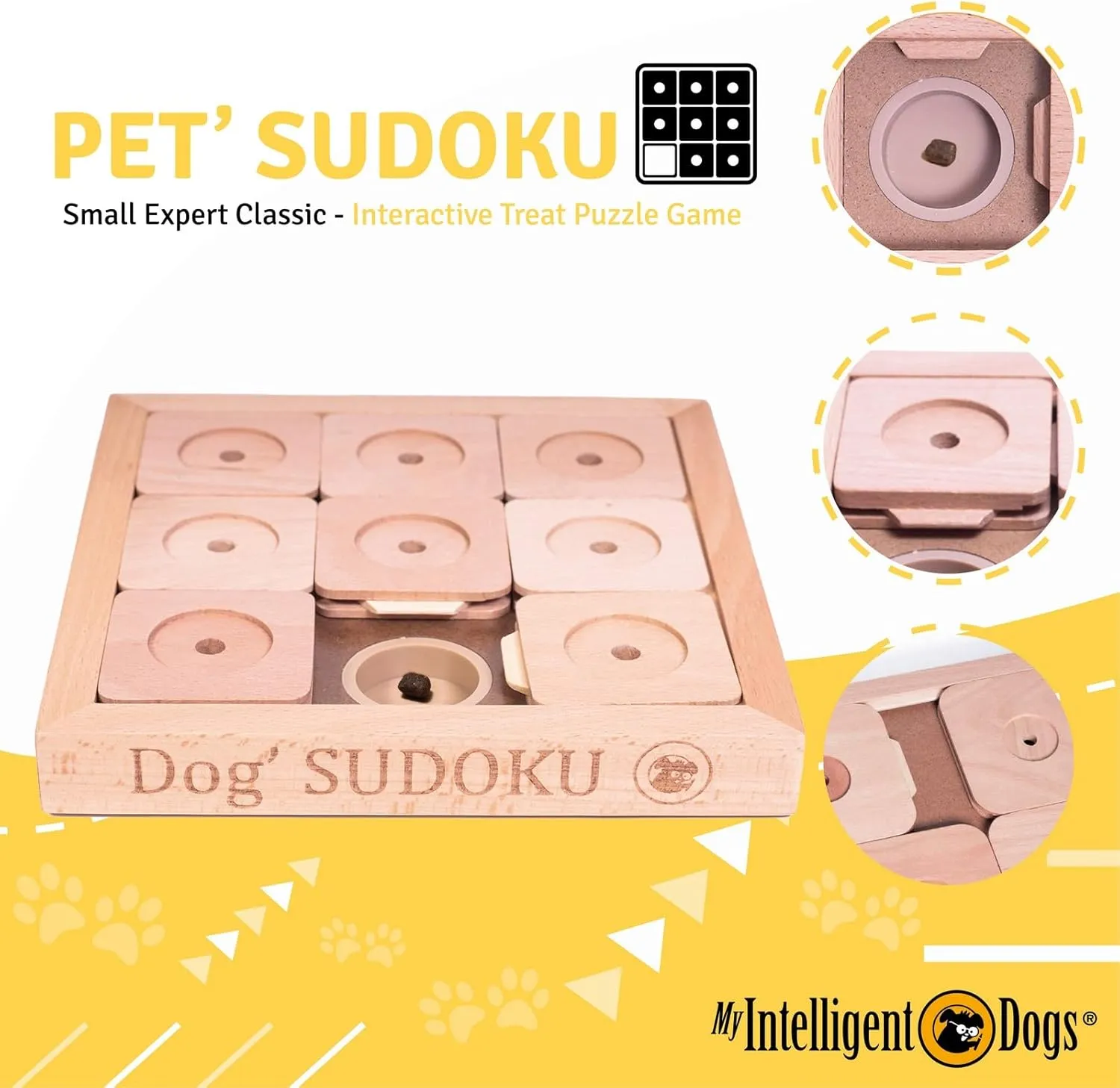 Interactive Wooden Sudoku Puzzle for Cats and Small Dogs - Expert Brain Pet Toy - 9 Treat-Hiding Holes, Small All-Wood Design