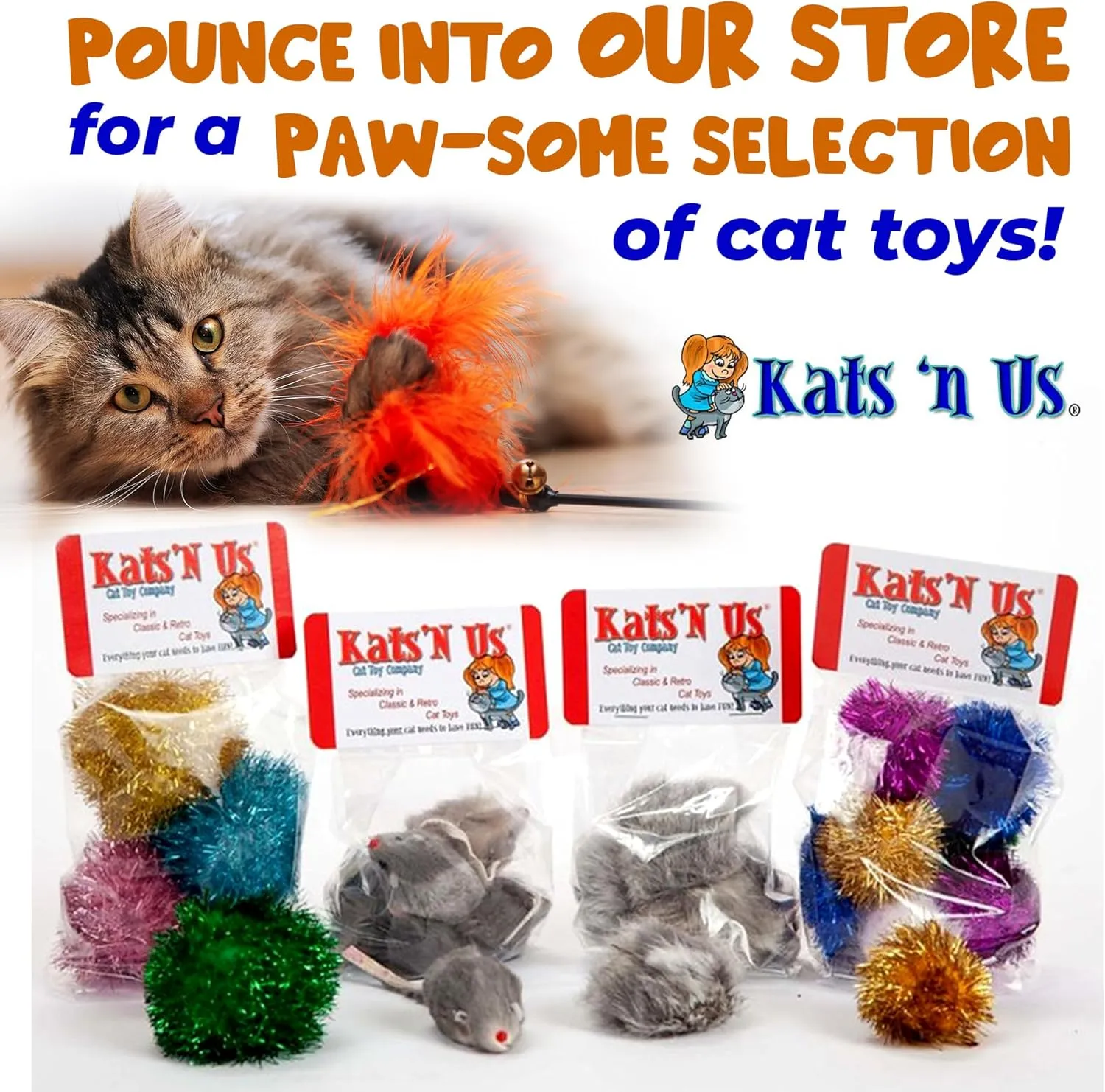 Kats'N Us Cat Fishing Pole Wand with Real Rabbit Fur Mouse Toy - Interactive, Durable Rattle Mouse Cat Toy, Design for Indoor Cats, Natural White