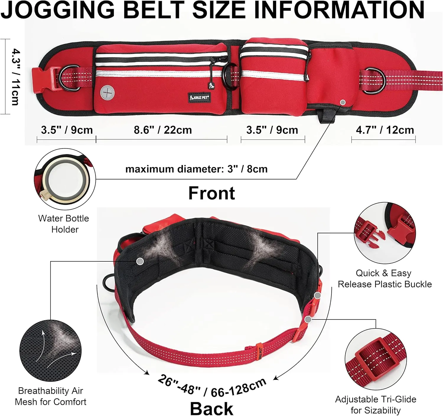 KZJBELT-01 Jogging Belt and Hands Free Dog Leash - Retractable Shock Absorbing Bungee Leash with Waist Belt - Running, Walking, Training, Hiking Comfortable, Adjustable, Black