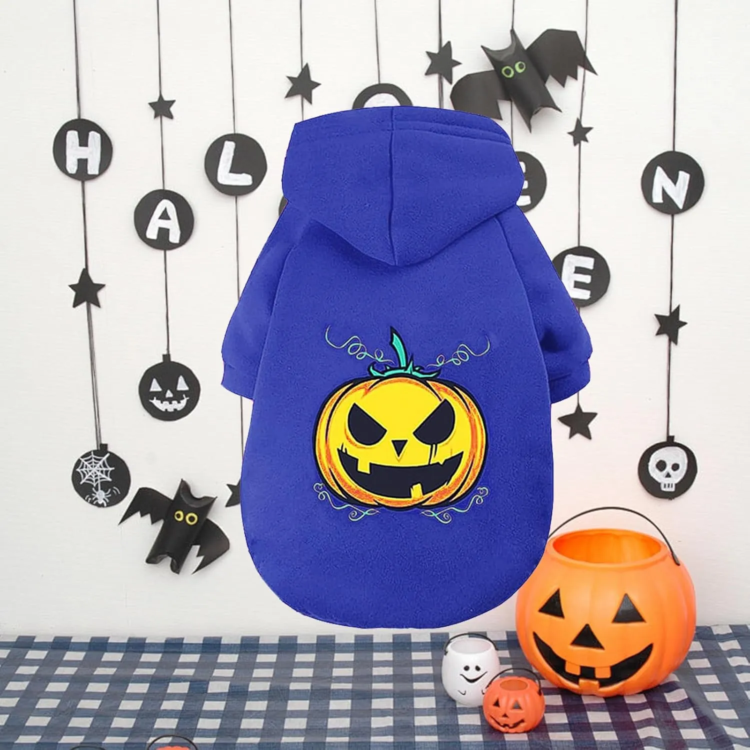 Large Dog Sweater Cat Halloween Hoodies Pet Pumpkin Clothes Fleece Hooded Sweatshirt Puppy Apparel Dog Outfits Blue Small