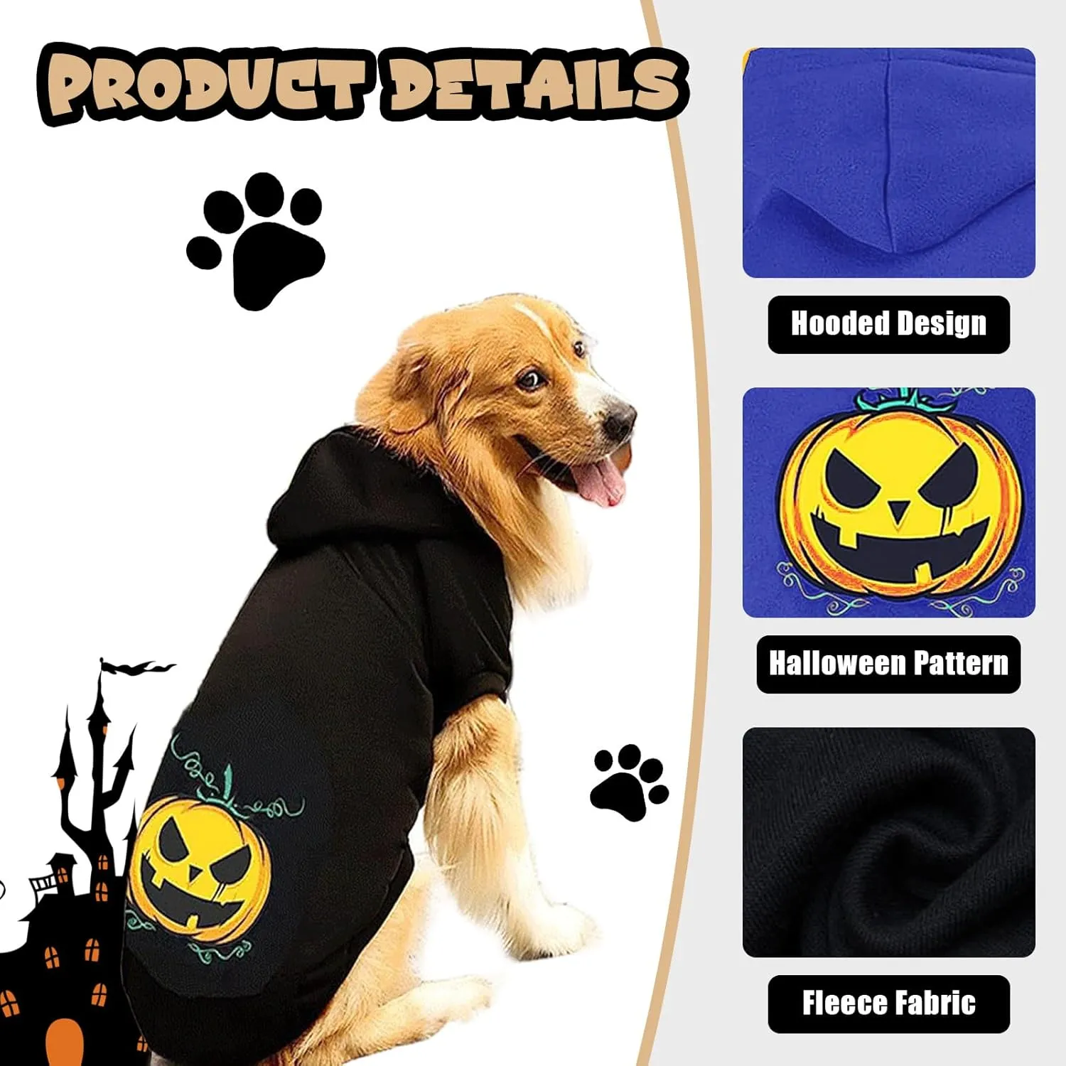 Large Dog Sweater Cat Halloween Hoodies Pet Pumpkin Clothes Fleece Hooded Sweatshirt Puppy Apparel Dog Outfits Blue Small
