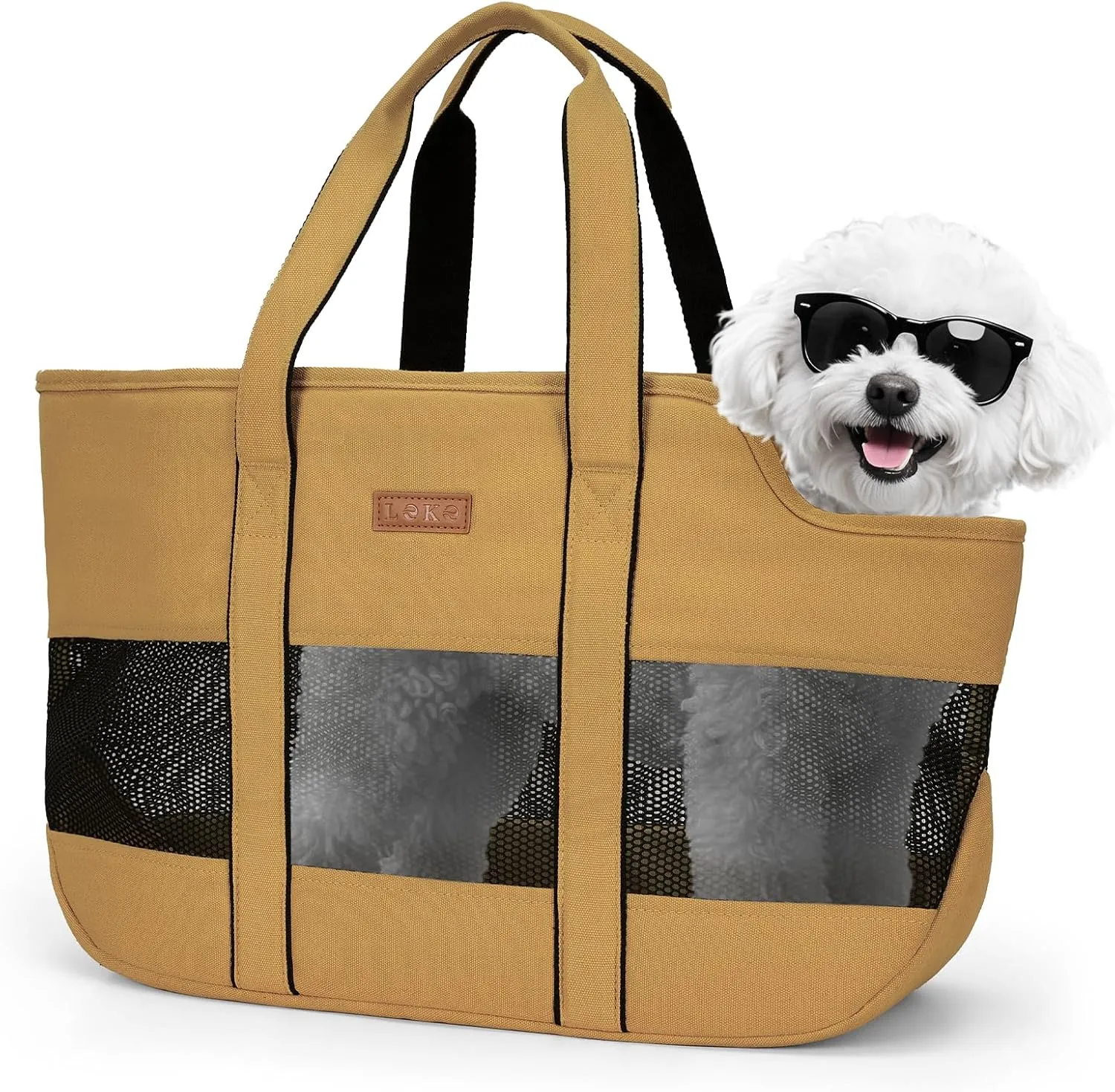 Lekereise Dog Purse Carrier for Small Dogs, Cats - Dog Carrier Purse with Secure Harness Clip, Dog Tote Bag Carrier, Large Space, Breathable Design(Khaki)