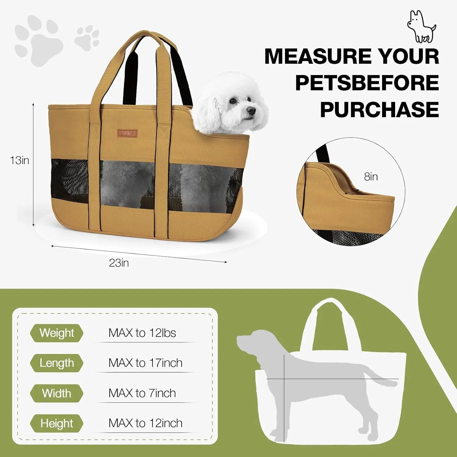 Lekereise Dog Purse Carrier for Small Dogs, Cats - Dog Carrier Purse with Secure Harness Clip, Dog Tote Bag Carrier, Large Space, Breathable Design(Khaki)