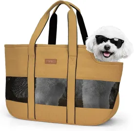 Lekereise Dog Purse Carrier for Small Dogs, Cats - Dog Carrier Purse with Secure Harness Clip, Dog Tote Bag Carrier, Large Space, Breathable Design(Khaki)