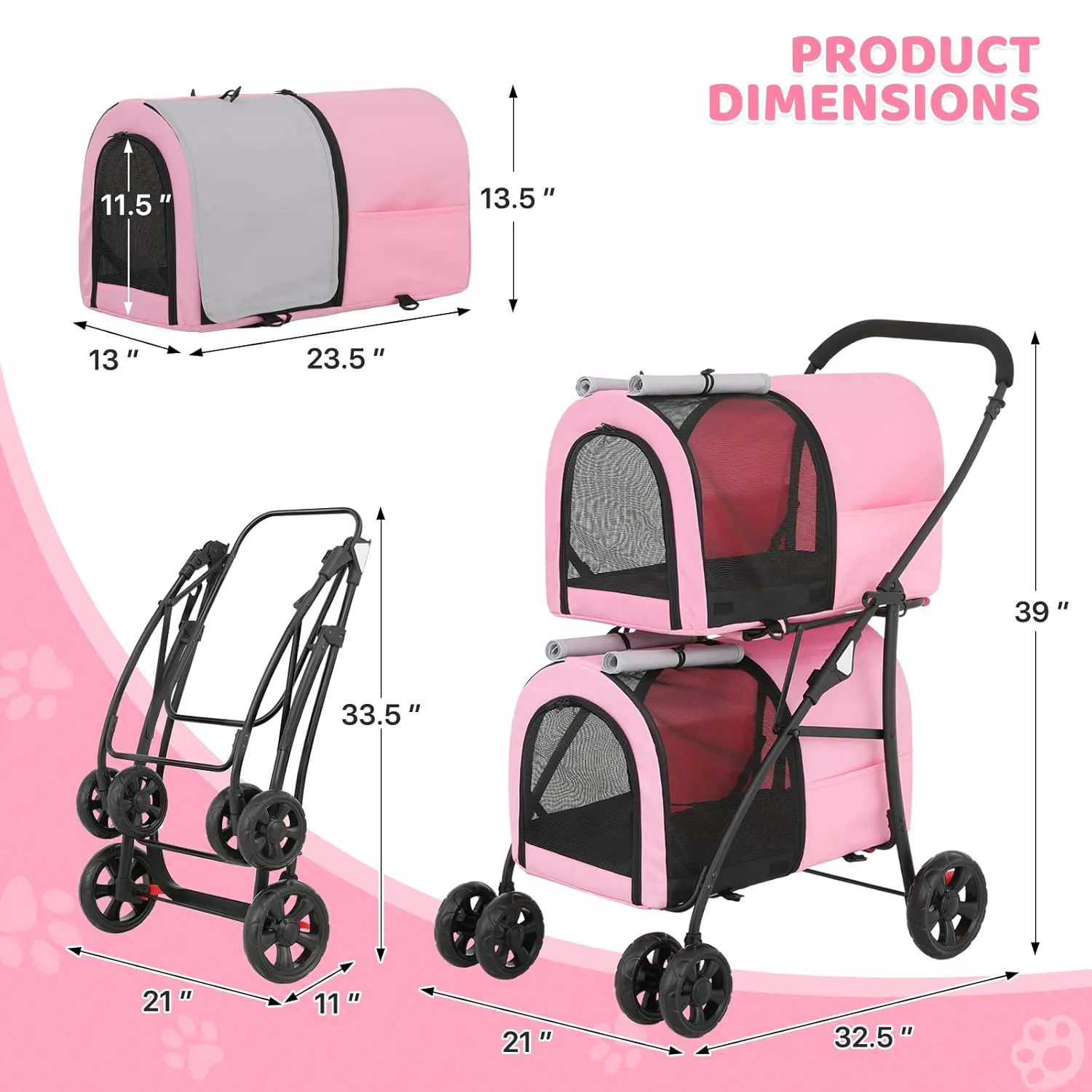 Magshion Double Dog Stroller with 2 Detachable Carrier Bags, 4-Wheel Folding Pet Travel Strolling Cart with Storage Pocket for Small-Medium Dogs & Cats Puppy, Pink Gray, Pink Gray