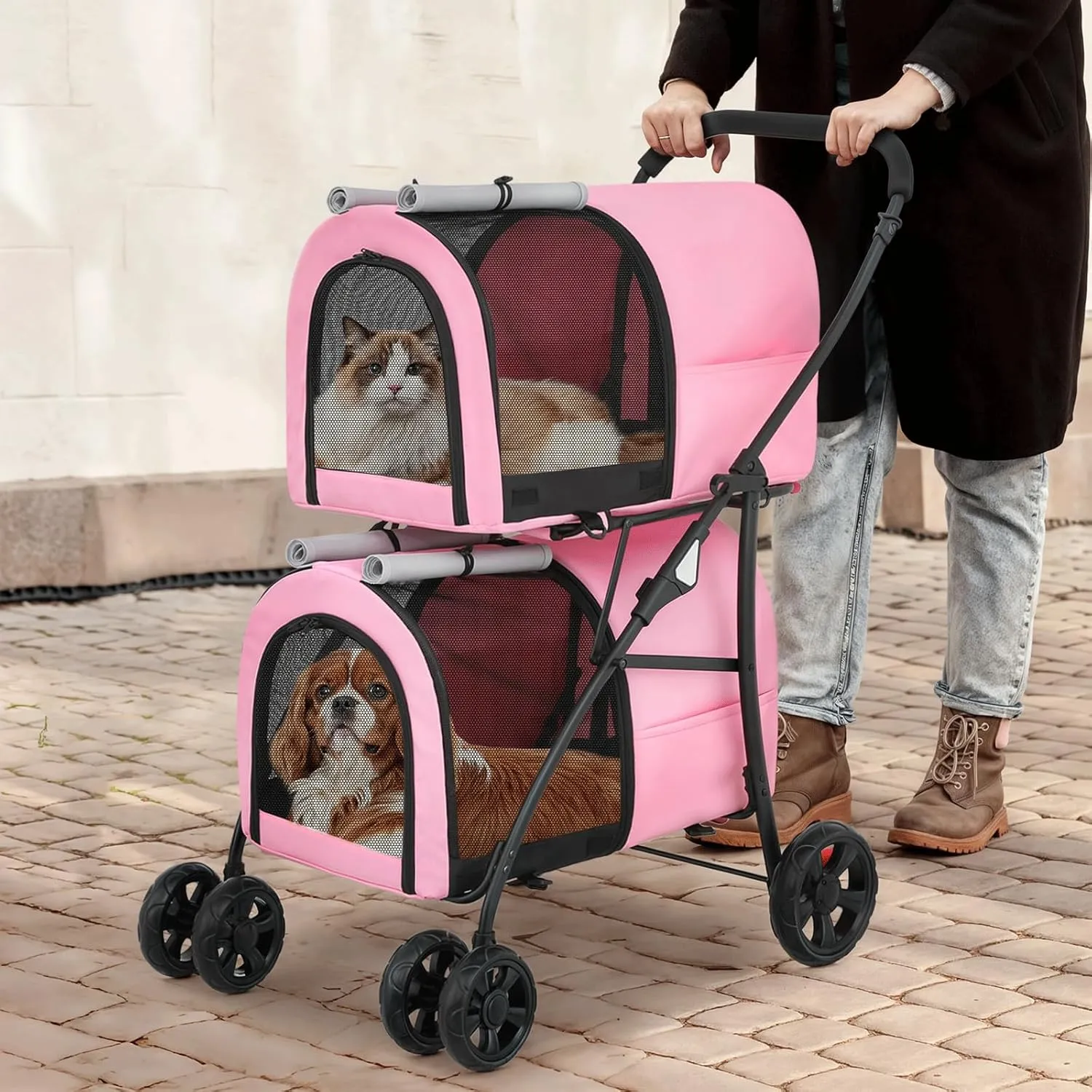 Magshion Double Dog Stroller with 2 Detachable Carrier Bags, 4-Wheel Folding Pet Travel Strolling Cart with Storage Pocket for Small-Medium Dogs & Cats Puppy, Pink Gray, Pink Gray