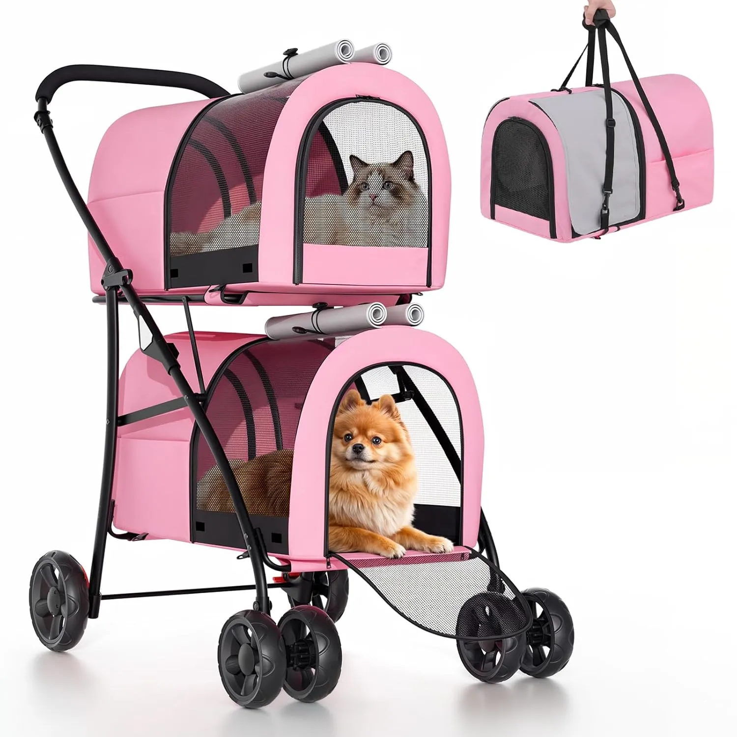 Magshion Double Dog Stroller with 2 Detachable Carrier Bags, 4-Wheel Folding Pet Travel Strolling Cart with Storage Pocket for Small-Medium Dogs & Cats Puppy, Pink Gray, Pink Gray