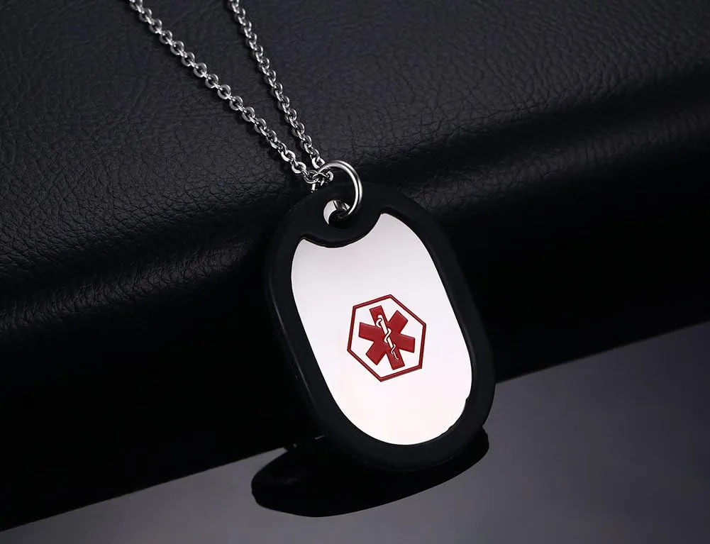 MEALGUET Personalized Medical Alert Necklace | Customized Stainless Steel Emergency Medical ID Dog Tag Pendant Necklace for Mens Womens Teens,Allergy Alert Identification Necklace, 24" Chain