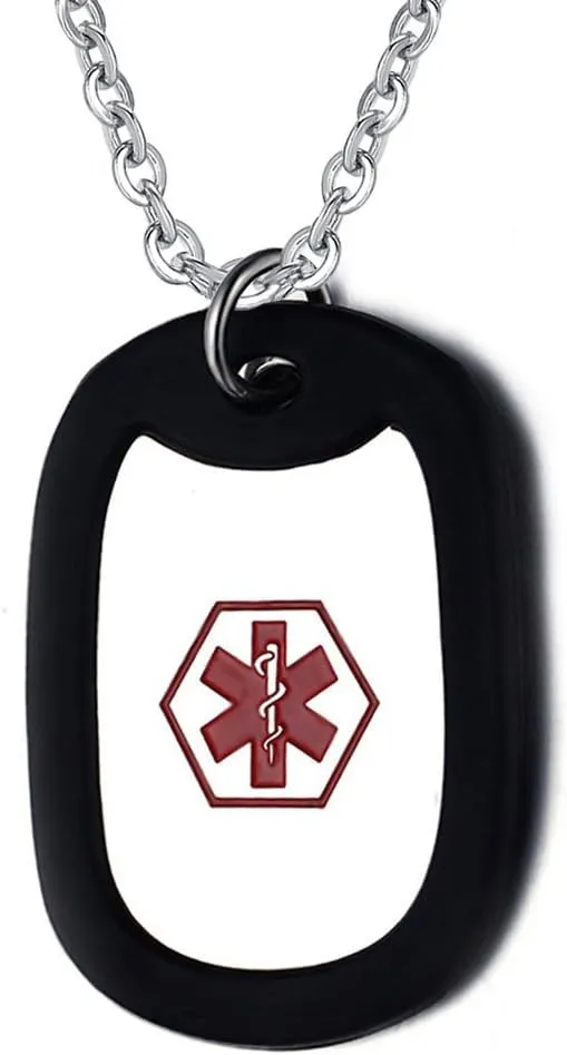 MEALGUET Personalized Medical Alert Necklace | Customized Stainless Steel Emergency Medical ID Dog Tag Pendant Necklace for Mens Womens Teens,Allergy Alert Identification Necklace, 24" Chain